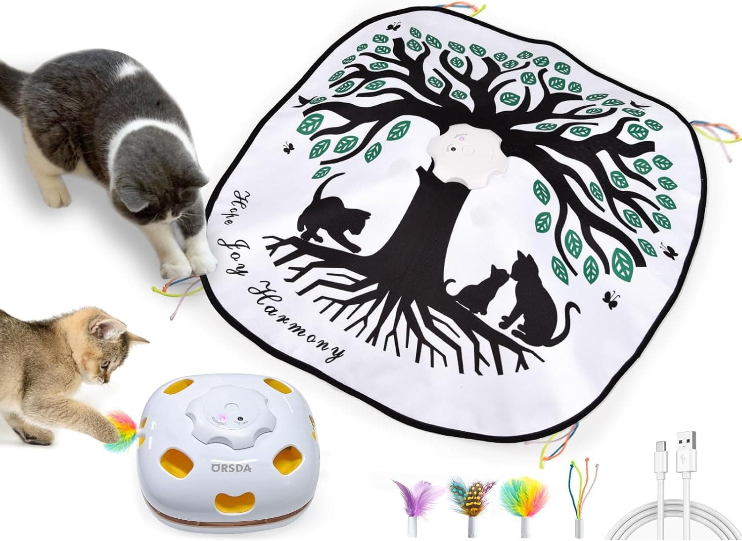 Cat Toys for Indoor Cats 4 in 1 Interactive Automatic Cat Toys for Bored Indoor Adult Cats Kitten Toy Rechargeable 8 Hole Mice Whack-A-Mole, Hide and Seek, Moving Feather, 5PCS DIY Replacement
