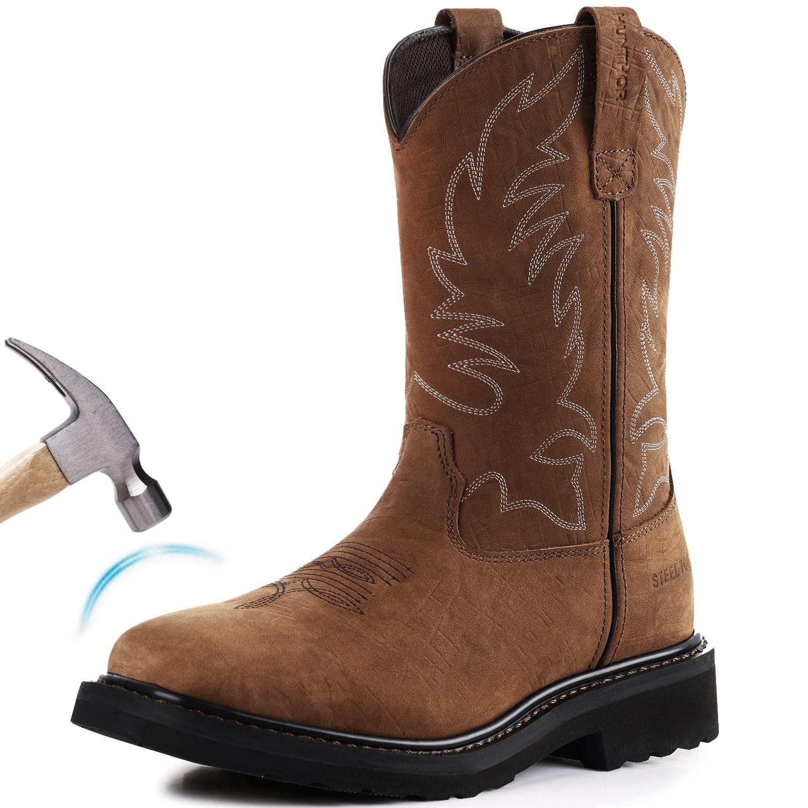 Men's Cowboy Work Boots, Square Steel Toe EVA Mid-Sole with GoodyearWelt Leather Anti Slip Western Men's Brown Boots for Manufacturing, Construction, Farming, Size 7-14