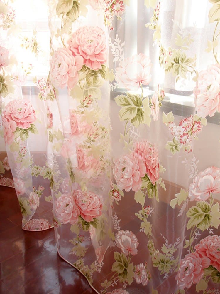 Rod Pocket Sheer Curtain, Elegant 2 Pieces - Total Size 120 Inch Wide (60 Inch Each Panel), Natural Light Flow, Pink Flower (84-in L)