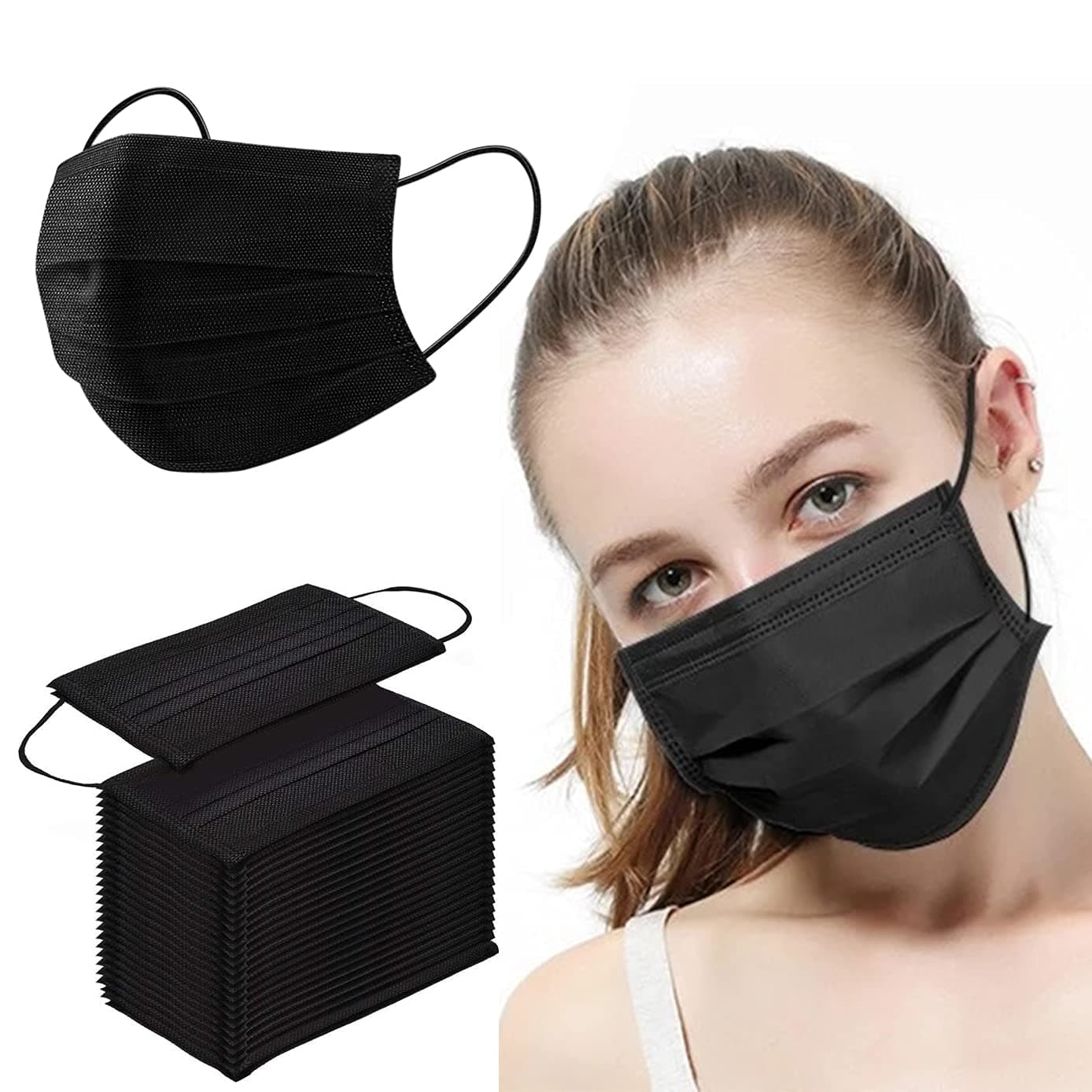 100PCS Face Mask Disposable Black Face Masks 3-Layer Safety Elastic Ear Loop for Blocking Dust Air Pollution Protection