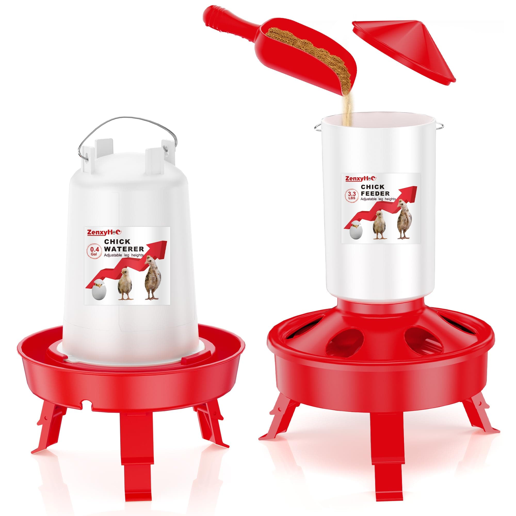ZenxyHoC Chick Feeder and Waterer Kit, Top Fill 0.4Gal Feeder and 0.4Gal Waterer with Scoop and 3 Adjustable Heights Legs Red