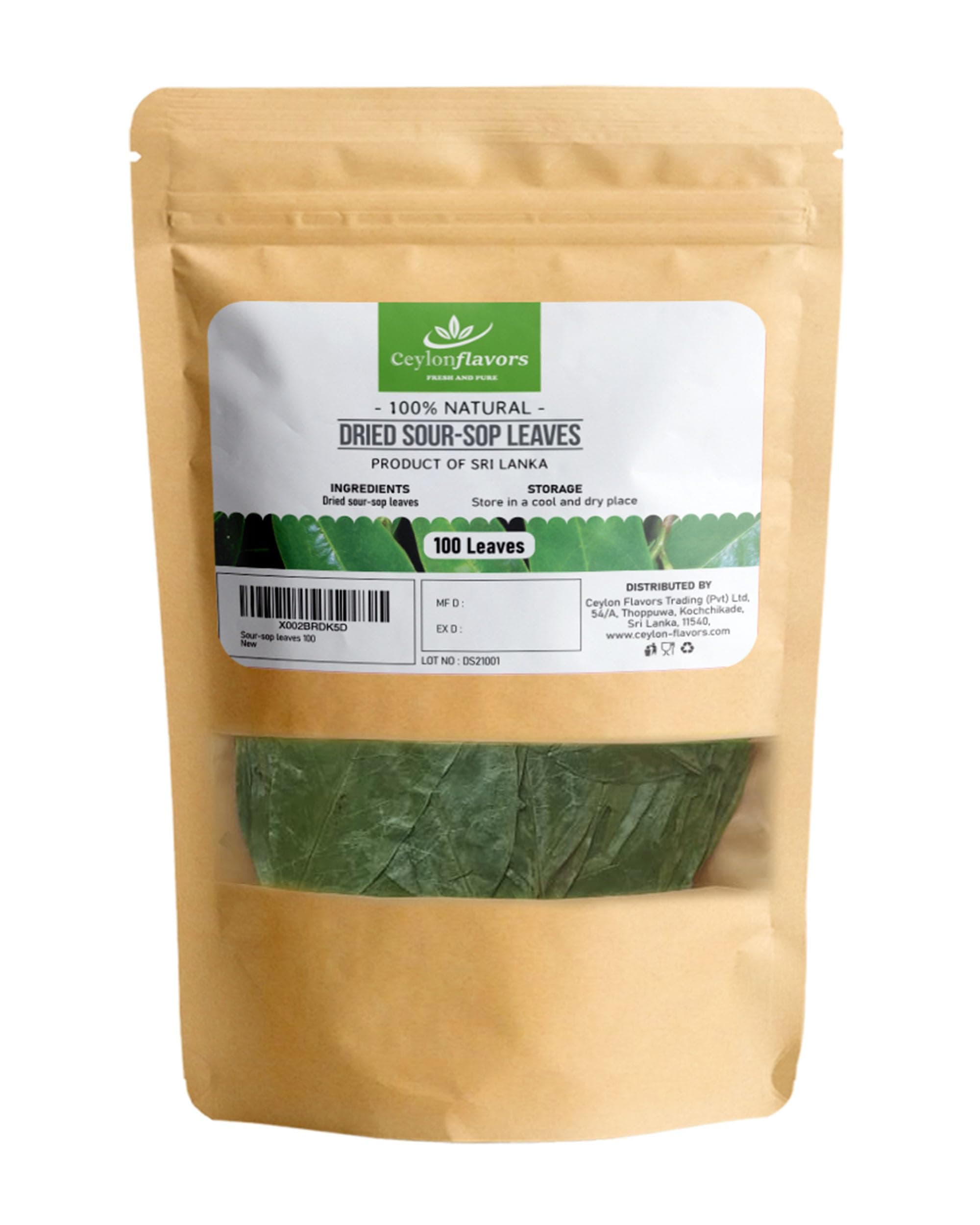 CEYLONFLAVORS FRESH AND PURE Dried Ceylon Soursop Leaves From Sri Lanka | 100 Sheets ~ 2Oz (56G)