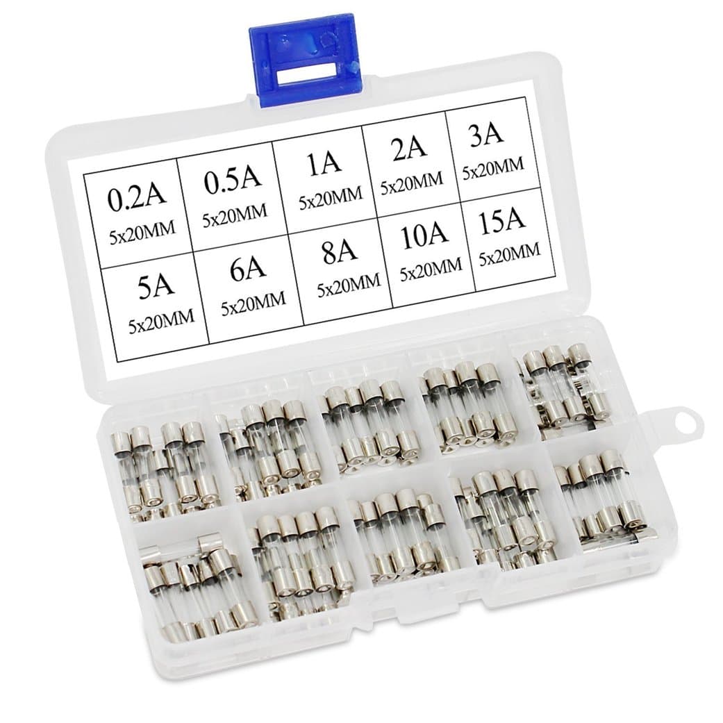 ESDAutop 100PCS M5x20MM Glass Tube Fuse Assorted Kit AMP 0.2A 0.5A 1A 2A 3A 5A 6A 8A 10A 15A