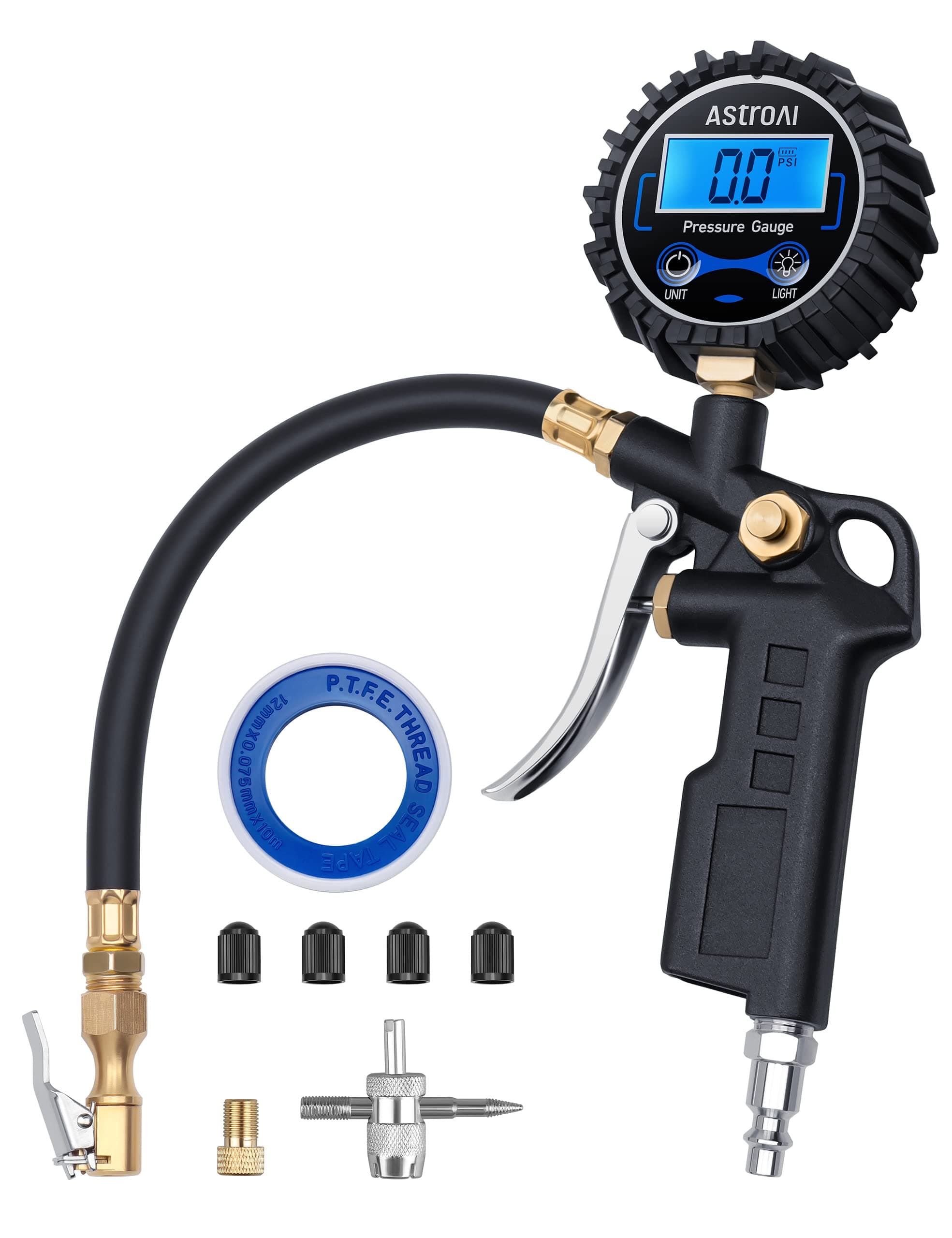 AstroAI Digital Tire Inflator with Pressure Gauge, Medium 250 PSI Air Chuck and Compressor Accessories Heavy Duty with Rubber Hose and Quick Connect Coupler for 0.1 Display Resolution, Black