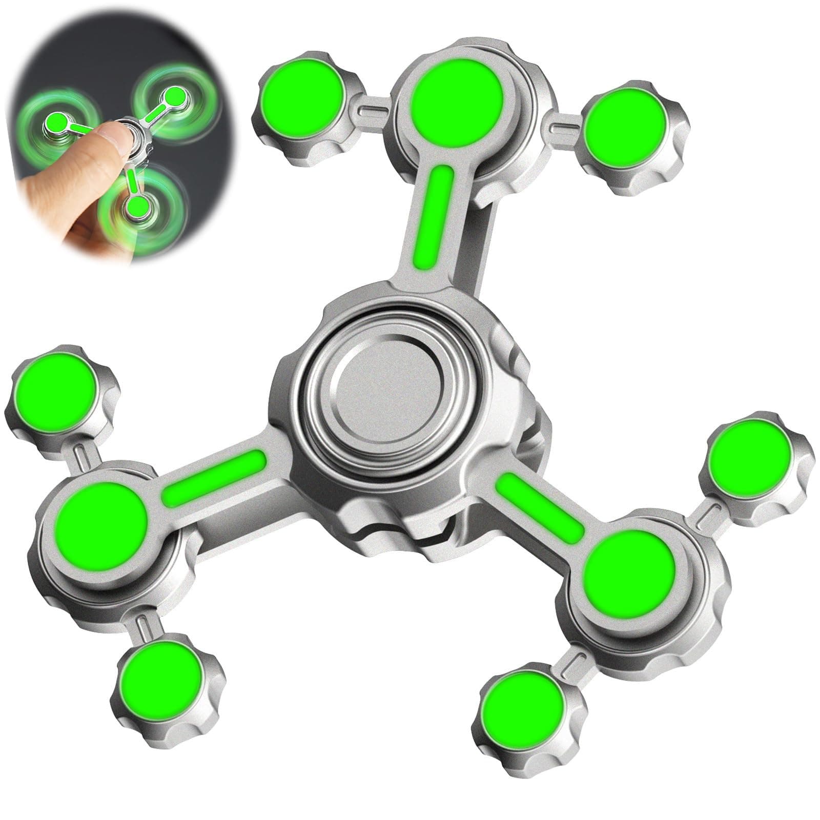 Infinity Gear Fidget Spinners Toy for Kids Adults, Cool Metal Finger Spinner for Stress Relief Anti Anxiety, Light Glow in The Dark Desk Toy for Boys Age 3-12 Stocking Stuffer Gift(Green)