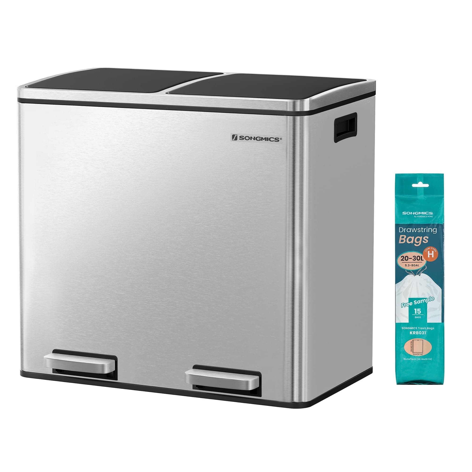 SONGMICS 2 x 6.3-Gallon Dual Trash Can, Pedal Recycle Bin with Lids and Inner Buckets for Small Kitchens, Stainless Steel, PP, ABS Plastic, Silver