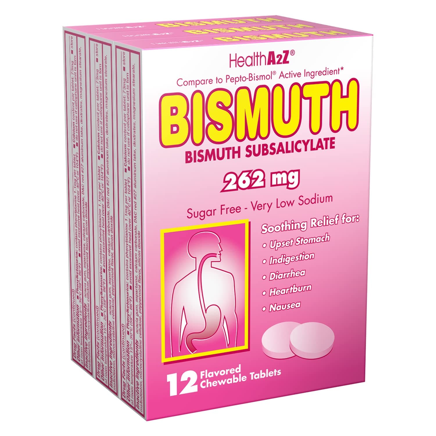 HealthA2Z® Bismuth | Bismuth Subsalicylate 262mg | Multi-Symptom Relief | (3 Pack (36 Tablets))