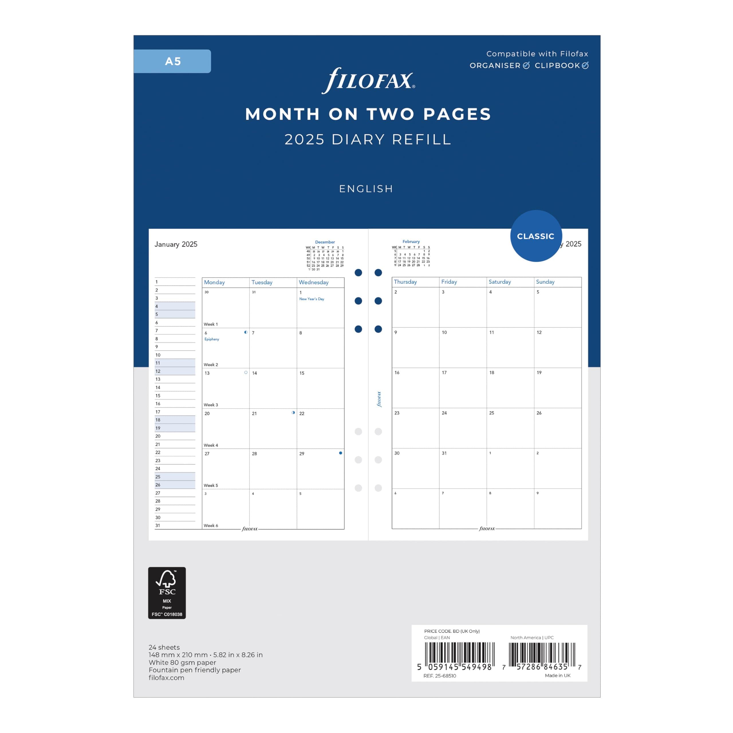 Calendar Diary Refill, A5 Size, Month-to-View, White Paper, English, 2025 (C68510-25)