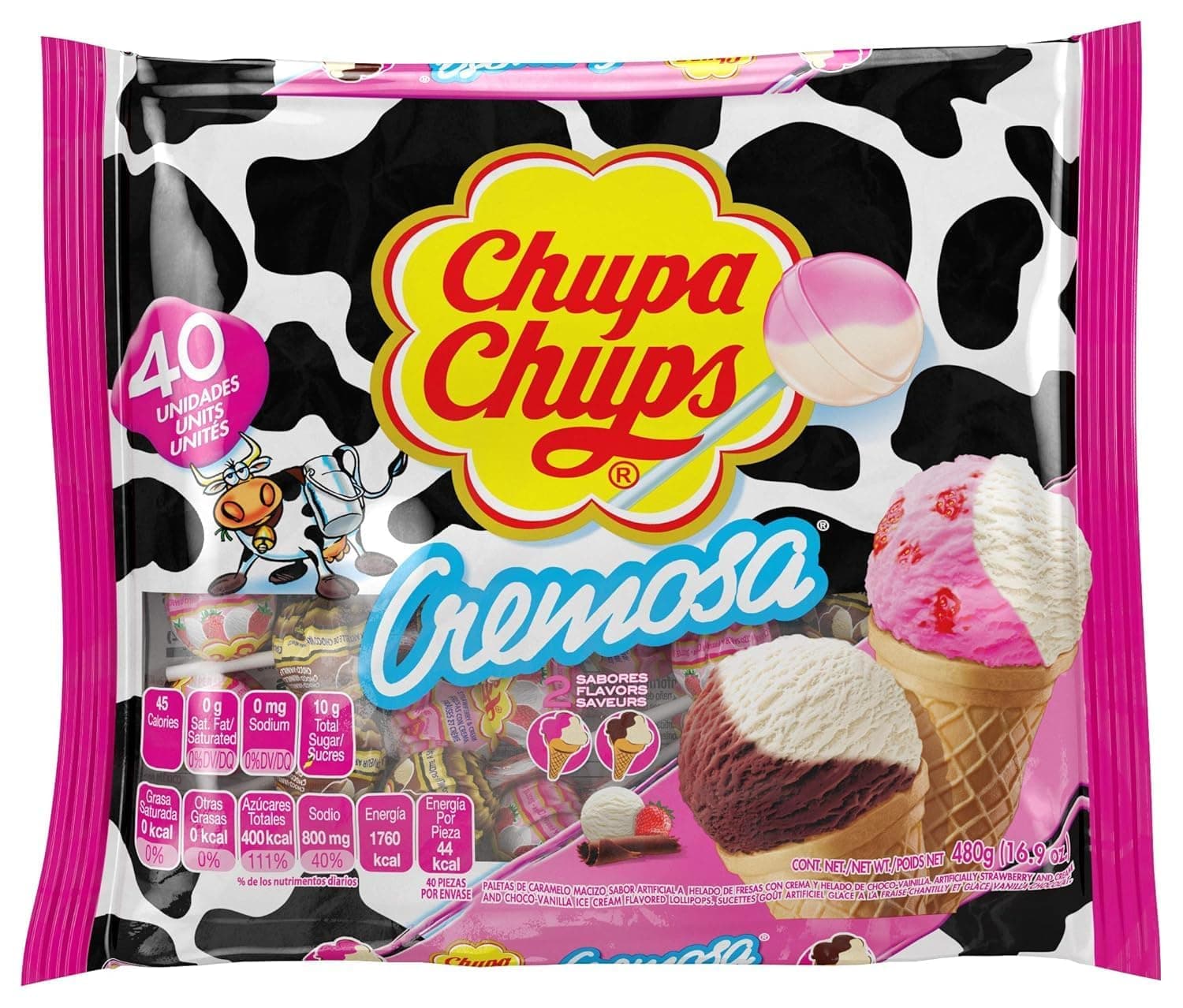 Chupa Chups Cremosa Lollipop Assortment, Two Ice Cream Flavors, Easter Candy, Easter Basket Essentials Stuffers for Kids and Adults, Individually Wrapped, 16.9 Ounce Bag (40 Suckers)