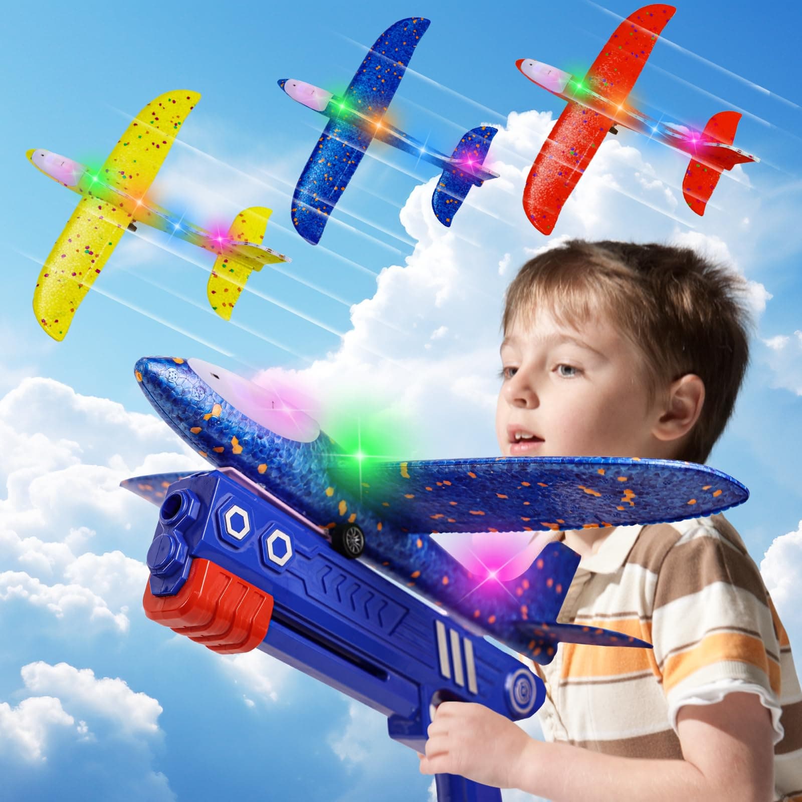 Aeroplane Toy for Children, Pack of 3 Throwing Gliders, Polystyrene Aviator Catapult Gun, Children's Toy, Glider Plane, Children's Aviator, Polystyrene LED, Aeroplane Kits, Gift for Boys and Girls