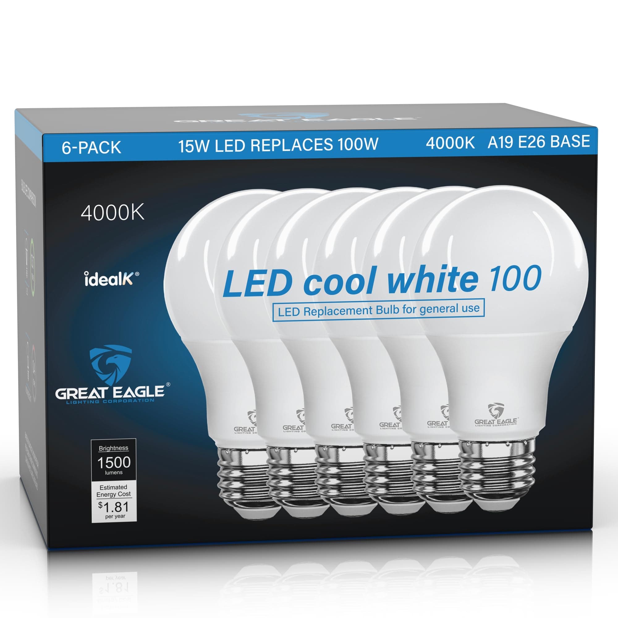 Great Eagle A19 LED Light Bulbs 100 Watt Equivalent - Cool White 4000K Light Bulbs, 15W Non-Dimmable, 1500 Lumens (6 Pack)