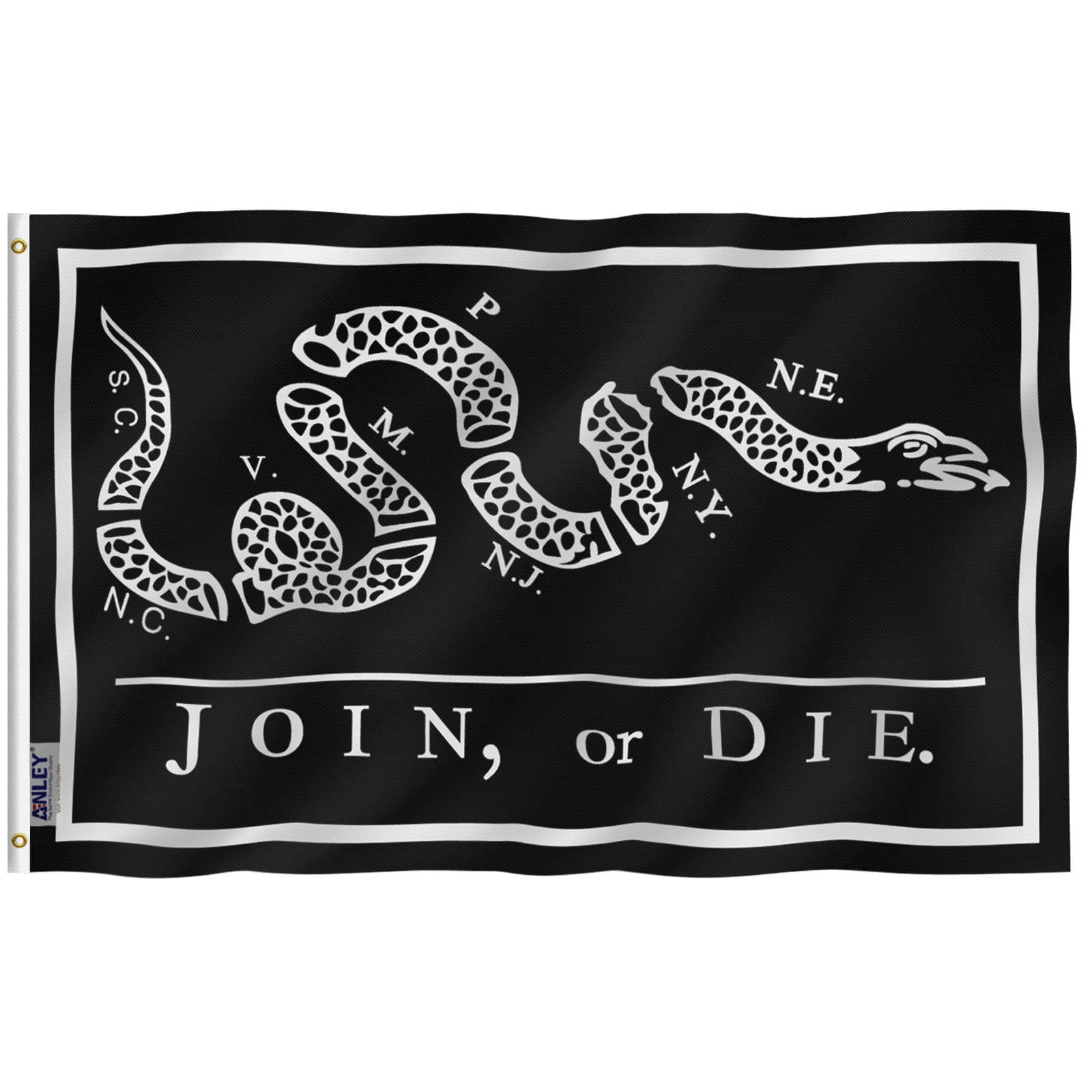 ANLEY Fly Breeze 3x5 Foot Black Join Or Die Flag - Vivid Color and UV Fade Resistant - Canvas Header and Double Stitched - Rattlesnake Flags Polyester with Brass Grommets 3 X 5 Ft