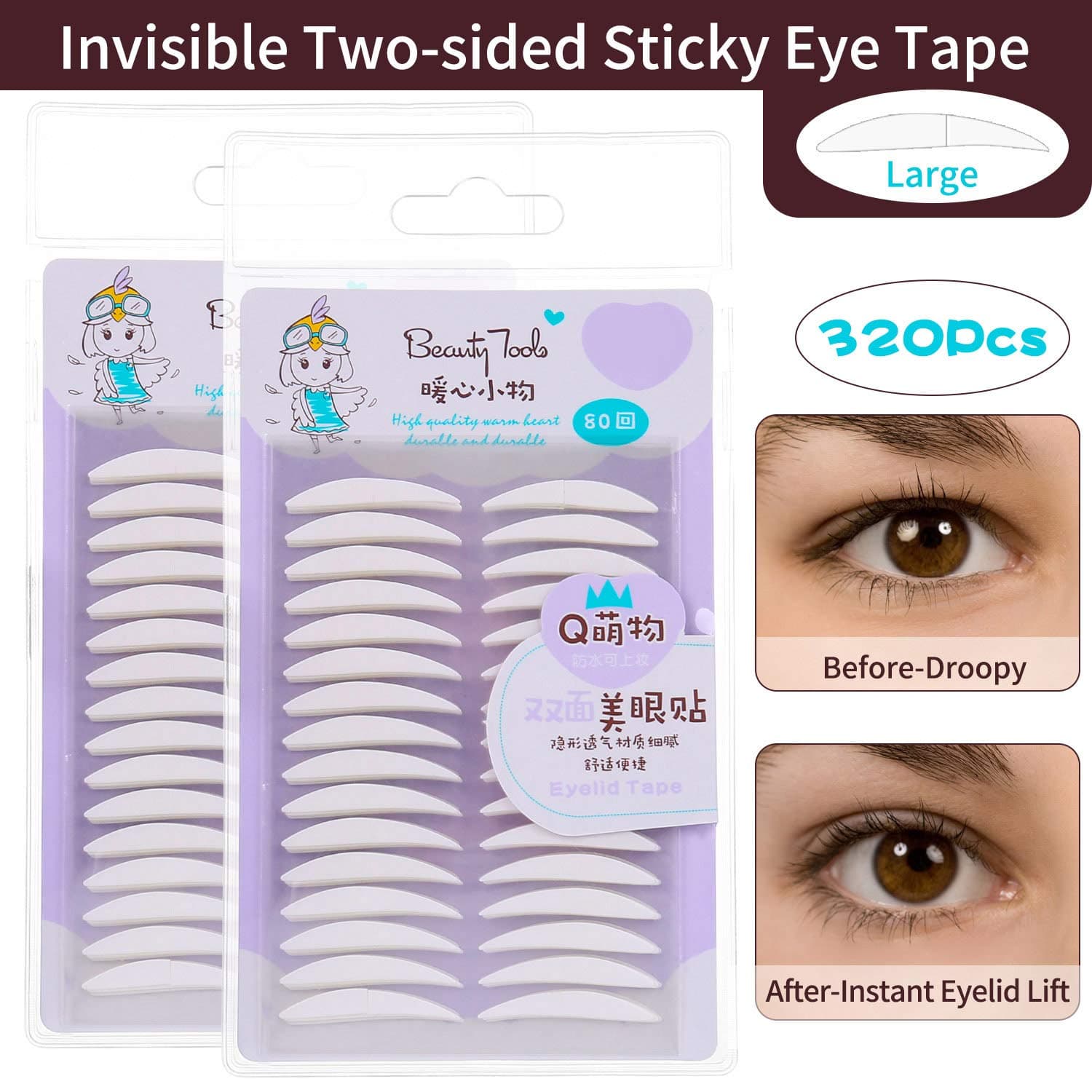 Invisible Double Eyelid Tapes, Ultra Natural Two-Sided Sticky Eye Tapes Stickers-Medical Fiber, Instant Eyelid Lift Without Surgery, Perfect for Hooded, Droopy, Uneven, Mono-eyelids (320Pcs, Large)