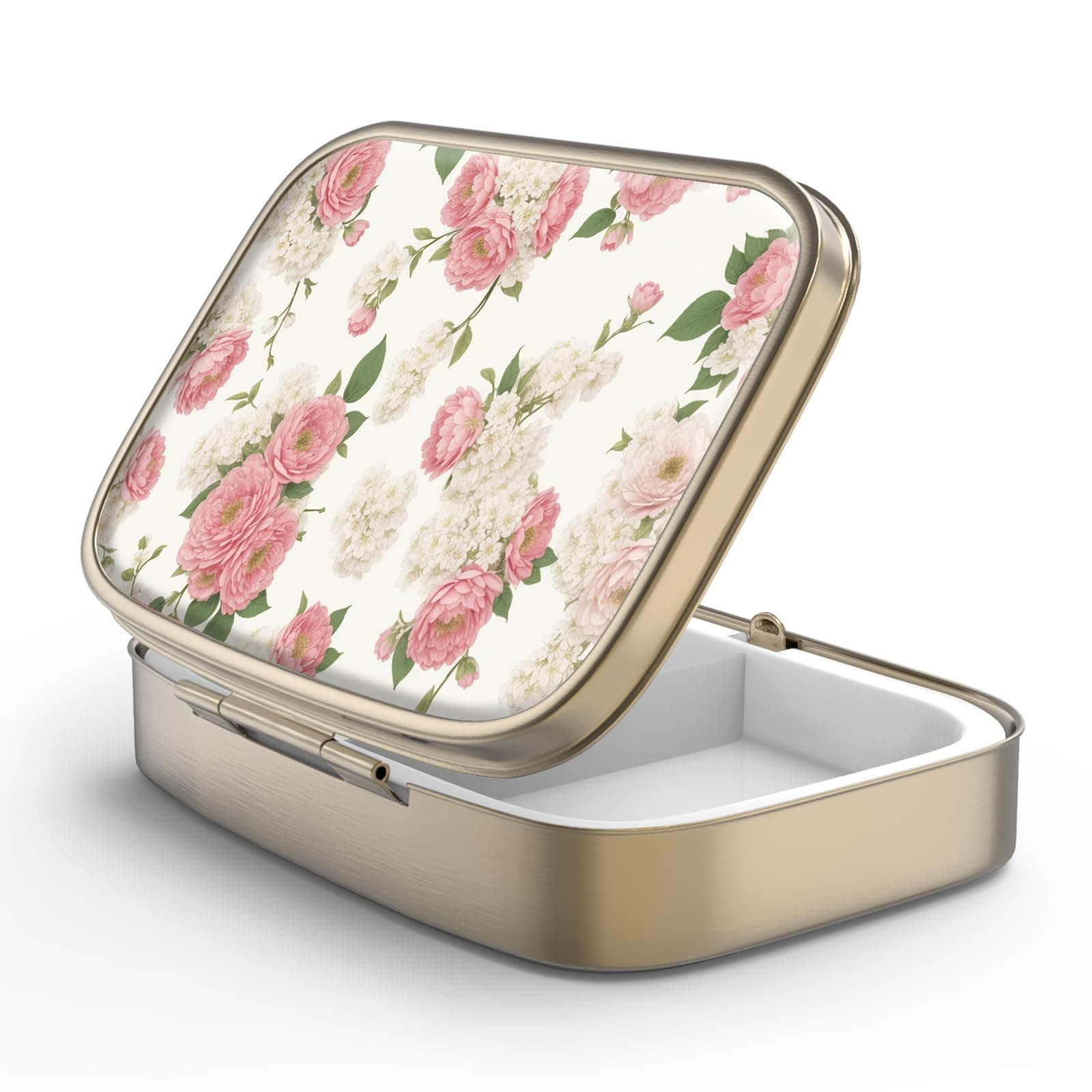 Pill Case Pill Box with Mirror Retro 2 Compartment Small Pill Case for Purse or Pocket Bronze Rectangular Pill Box or Vitamins, Fish Oil, Supplements, Pill Containe Travel Gifts（Retro Pink Floral）