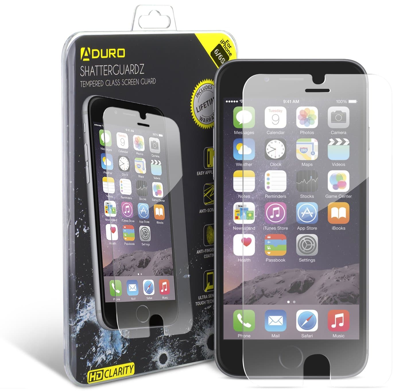 iPhone 6 Plus / 6S Plus Tempered Glass Screen Protector - Aduro Shatterguardz Anti-Scratch, Anti-Fingerprint Coating, Ultra-Sensitive Touch Tech for Apple iPhone 6 Plus / 6S Plus