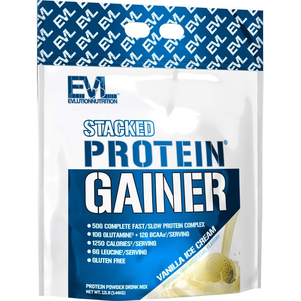 EVL Stacked Protein Gainer Protein Powder with 50 Grams of Protein, 12 Grams of BCAAs and 10 Grams of Glutamine - 12lb (Vanilla Ice Cream)