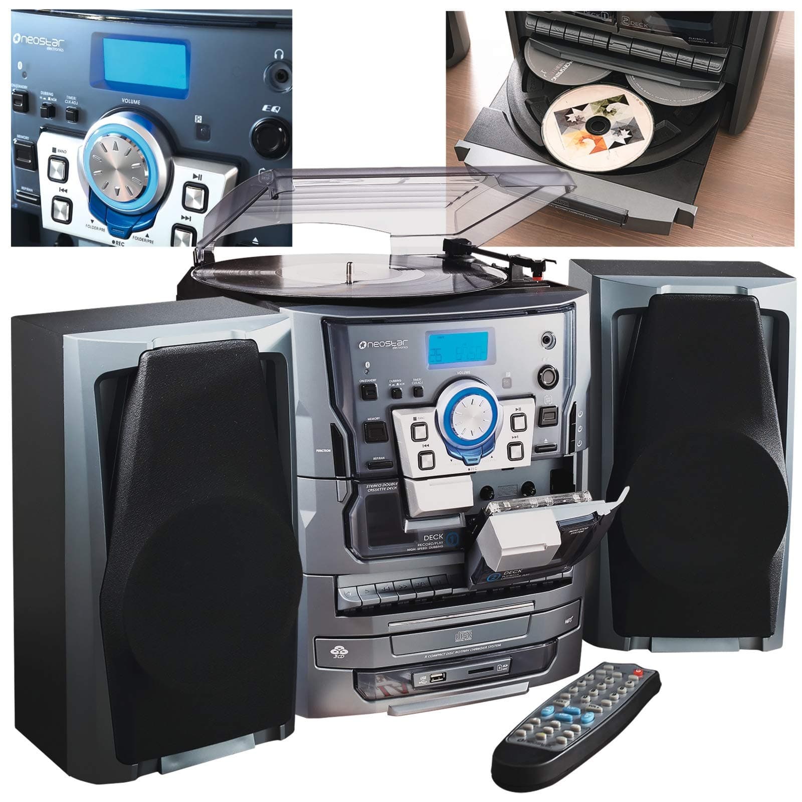 NEOSTAR Compact Music Centre System Turntable CD Twin Cassette Tape Deck Radio USB Port SD Card Slot Hifi System Remote Control