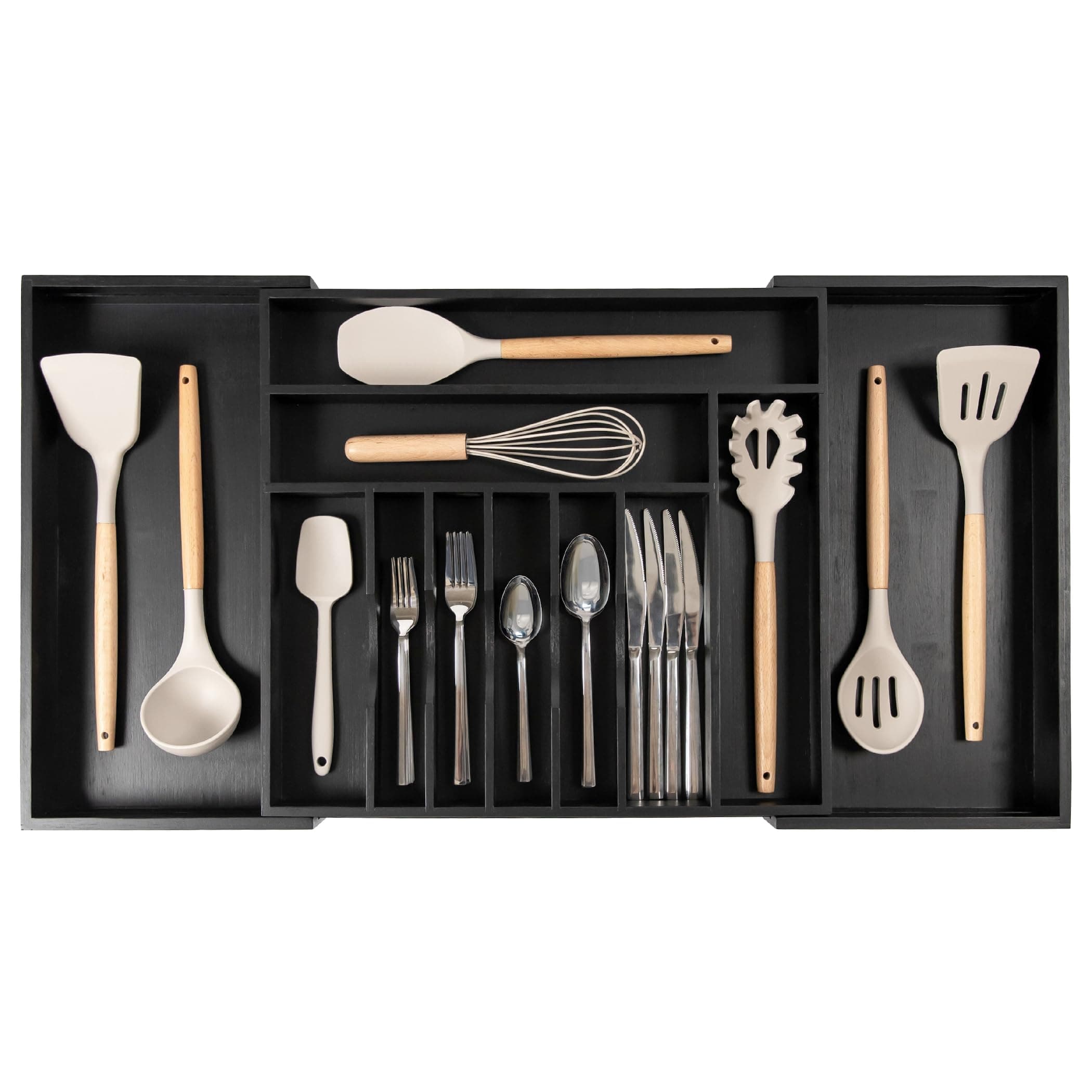 Premium Silverware, Flatware and Utensil Organizer for Kitchen Drawers, Food-Safe Contract Grade, Expandable from 18 to 33 In, Black Bamboo