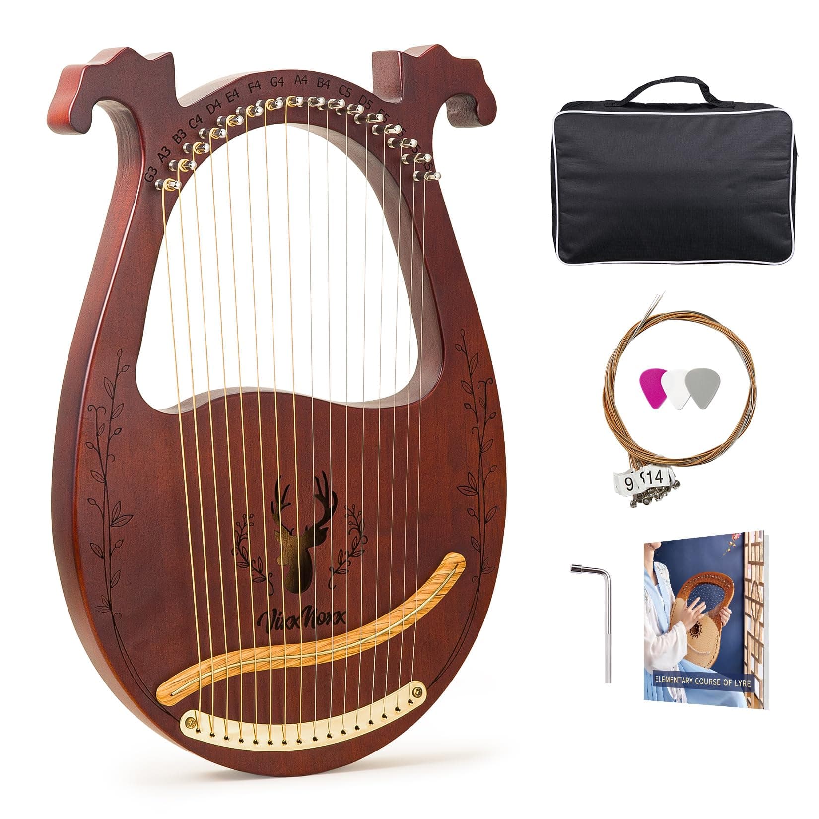 Lyre Harp, 16 Metal Strings Mahogany Lyra Harp Stringed Musical Instruments with Tuning Wrench, Spare String Set, Manual Book