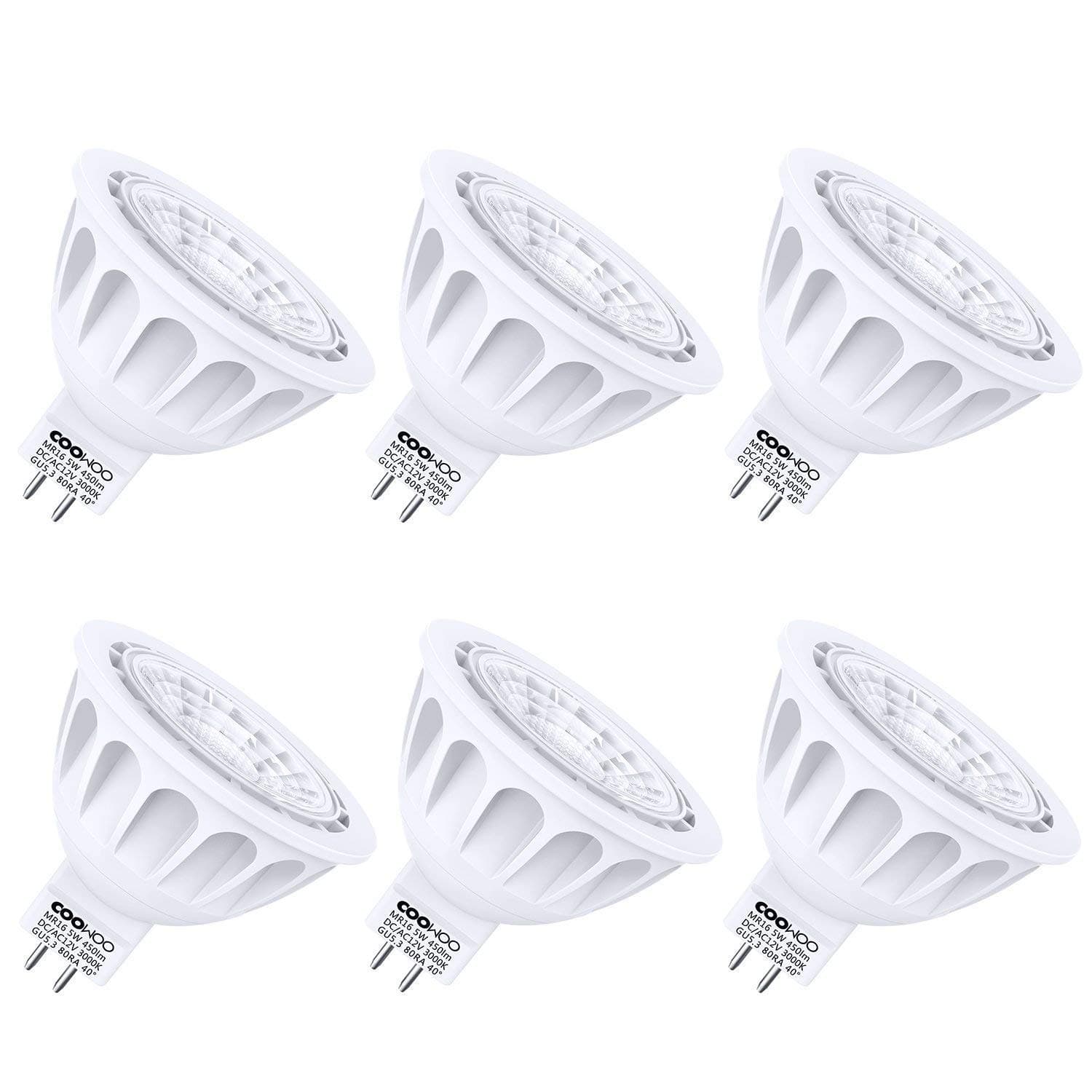 MR16 LED Light Bulbs with GU5.3 Base UL-Listed 50W Equivalent Halogen Replacement Warm White 3000K 5W 12V Spotlight with 450 Lumens 6 Packs by COOWOO