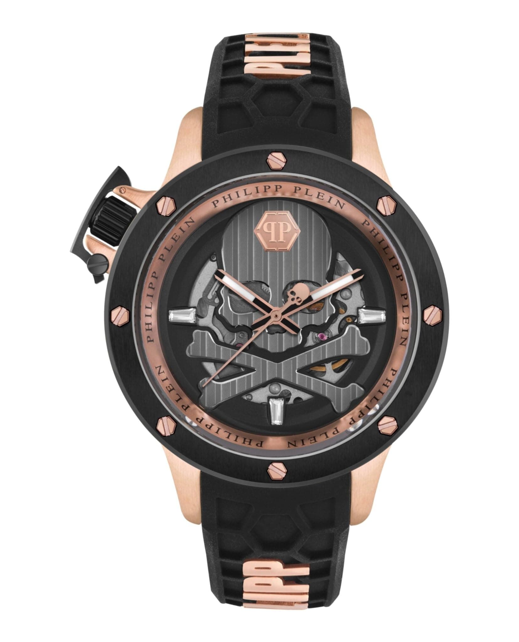 Philipp PleinPlein Rich Collection Luxury Mens Watch Timepieces with a Black Strap Featuring a IP Rose Gold Case and a Silver Dial