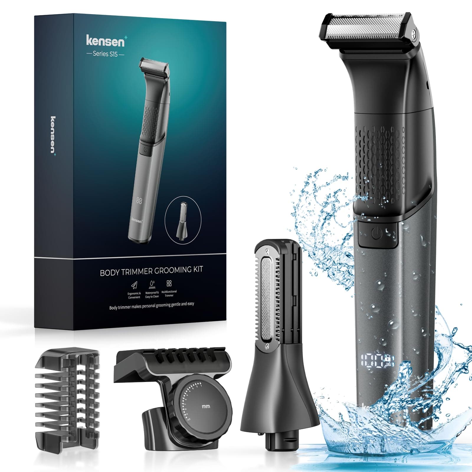 Kensen Body Hair Trimmer Men 2in1, Safe Mens Body Shaver for Pube Intimate, Waterproof Pubic Balls Hair Shaver for Men, Ball Body Groomer with Dual Cutterheads/Adjustable Combs