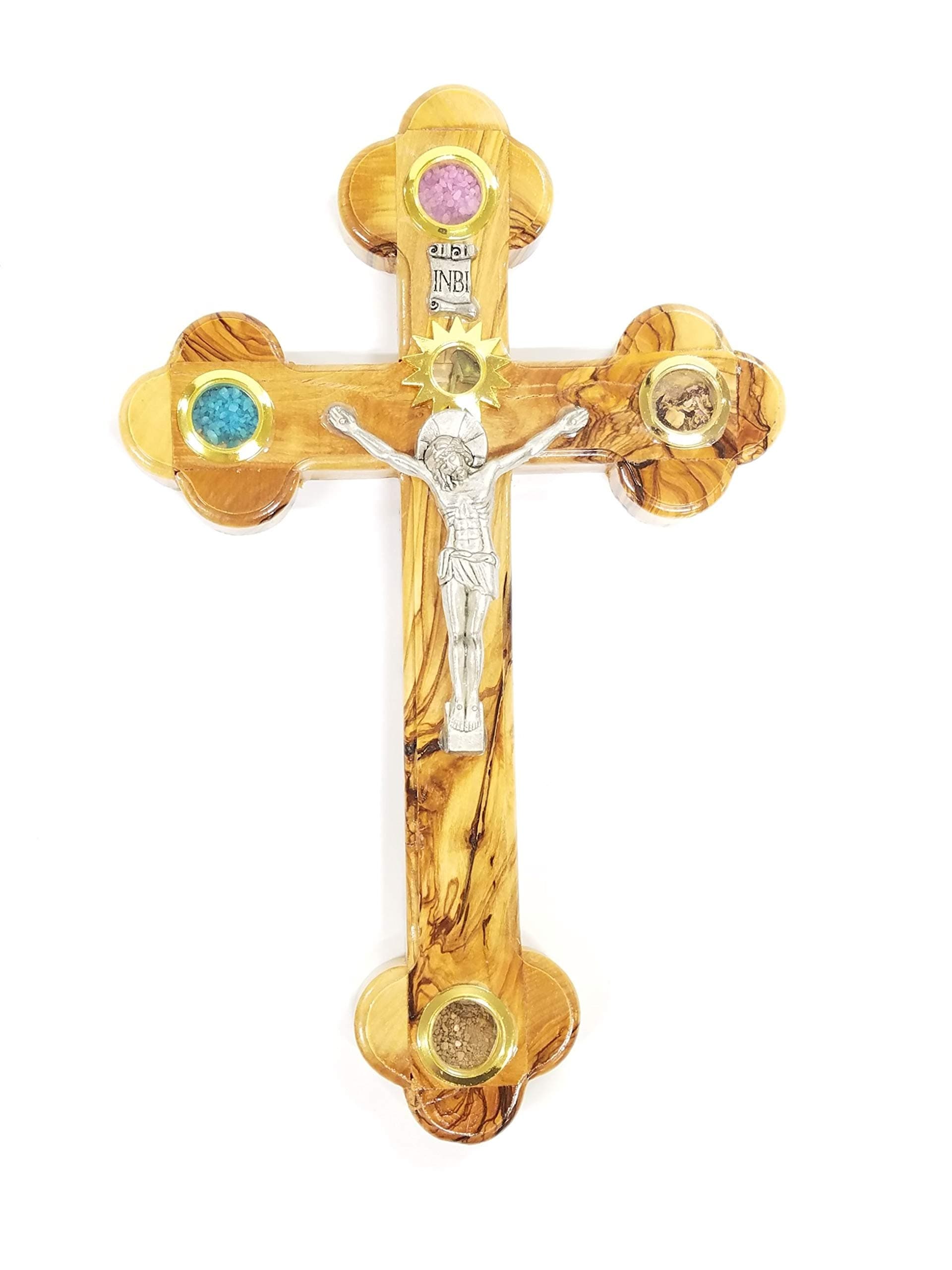 Olive Wood Crucifix/Wall Cross Adorned with Olive Leaves, Frankincense, Flowers and Stones from Jerusalem Hand Crafted by Artisans in Bethlehem (The Heart of The holy Land)