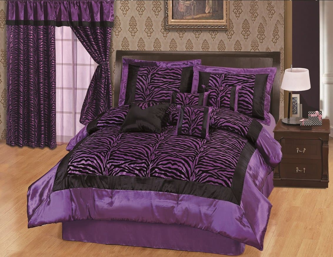 AHF Full Faux Silk and Flocking Black/Purple Zebra Comforter Set Bedding-in-a-Bag
