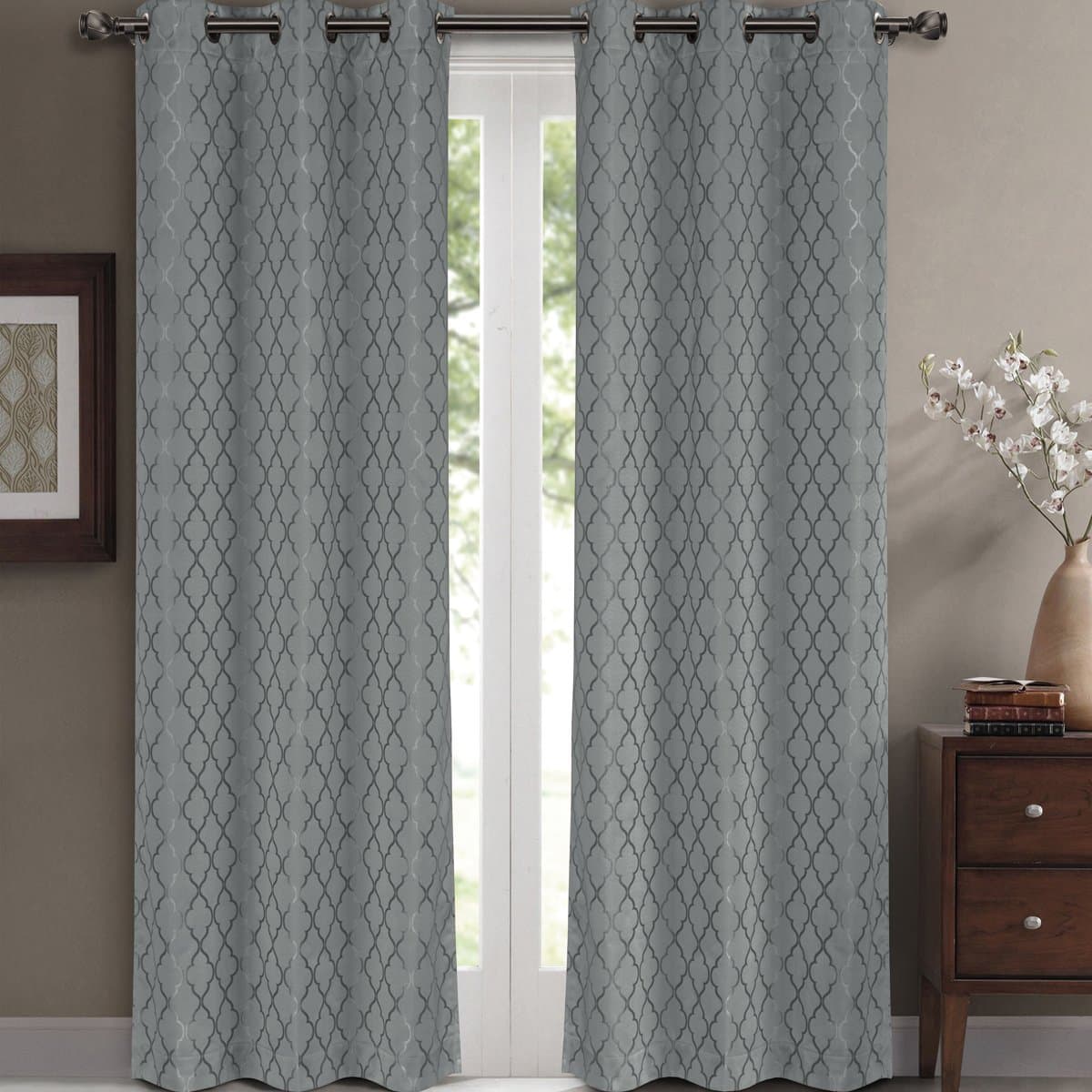 Pair of Two Top Grommet Blackout Jacquard Curtain Panels, Triple-Pass Foam Back Layer, Elegant and Contemporary Willow Blackout Panels, Grey, Set of Two 42" by 84" Panels (84" by 84" Pair)