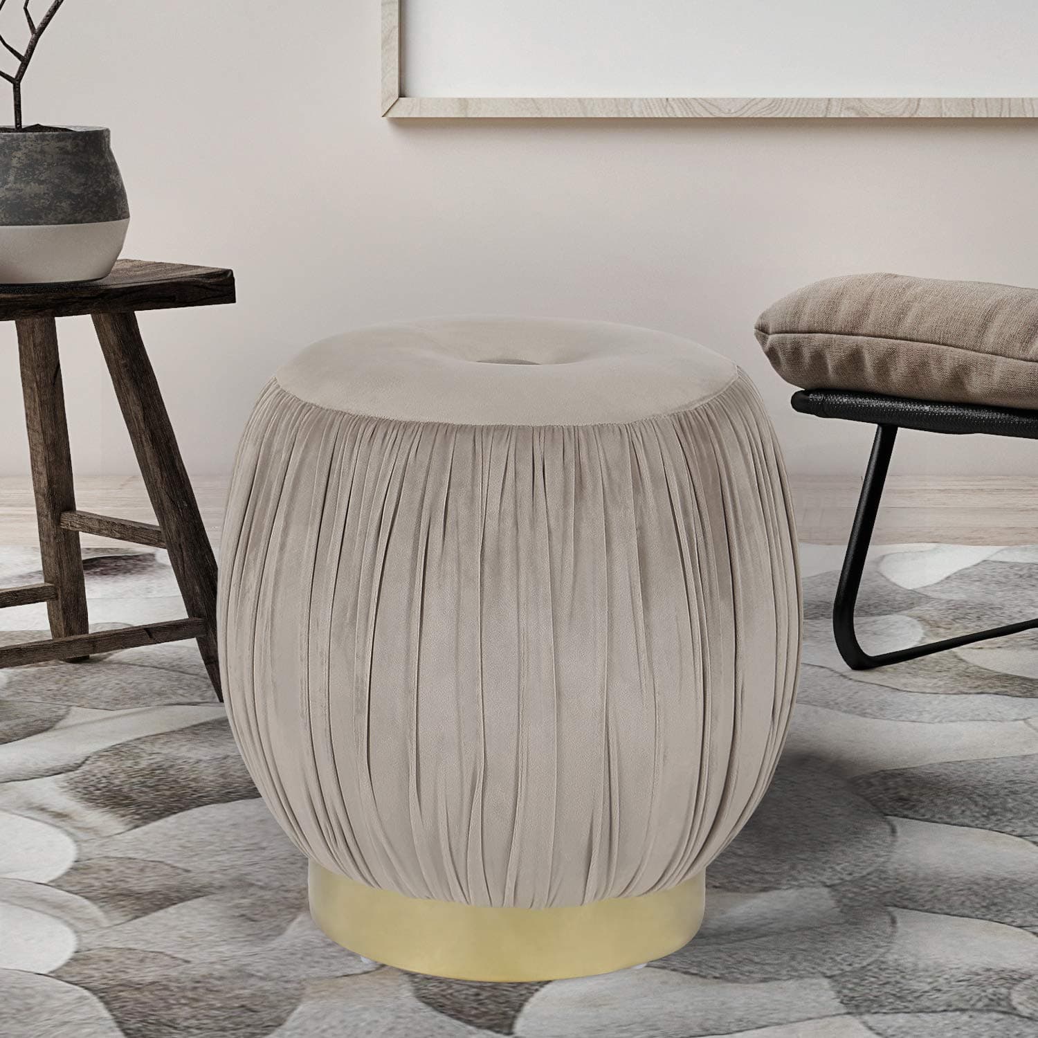 Homebeez Round Velvet Ottoman Footrest Stool, Upholstered Extra Seat with Gold Plating Metal Base , Small, Light Grey