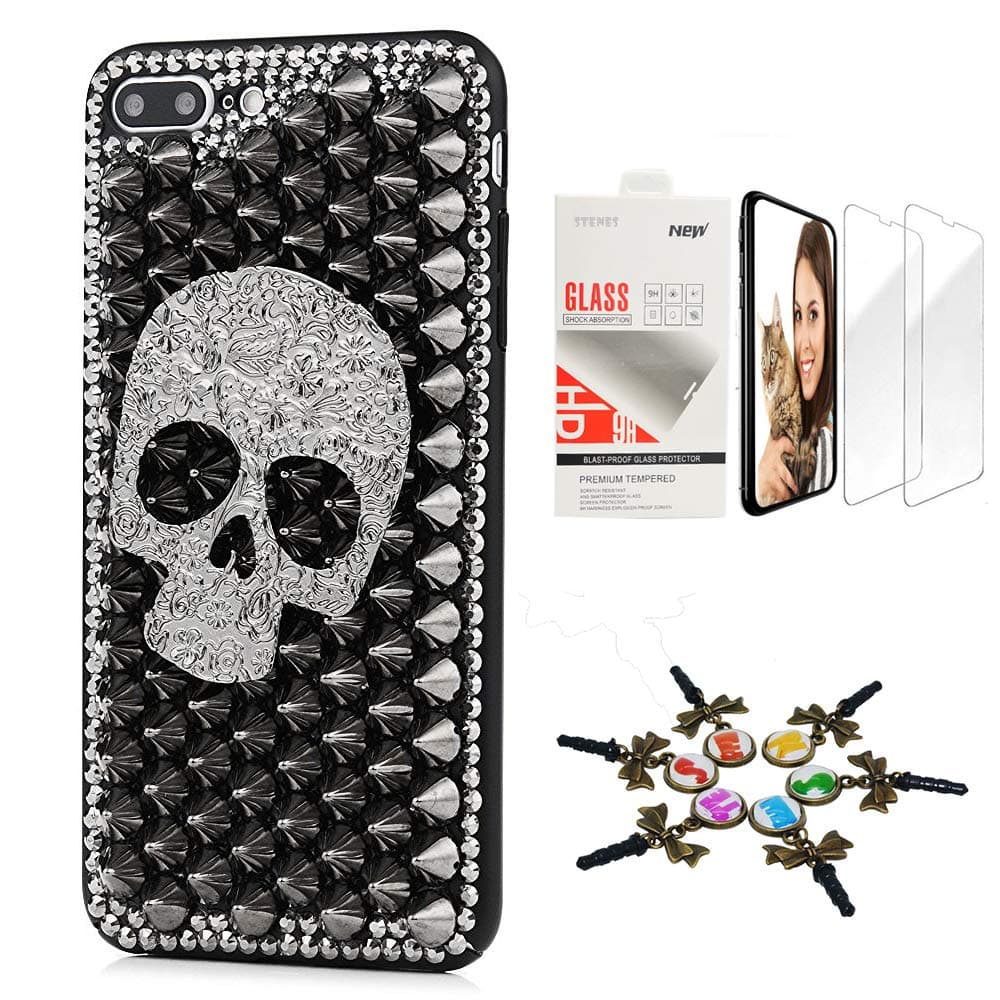 STENES Bling Case Compatible iPhone 11 Pro - Stylish - 3D Handmade [Sparkle Series] Punk Rivet Big Skull Design Cover with Screen Protector [2 Pack] - Black