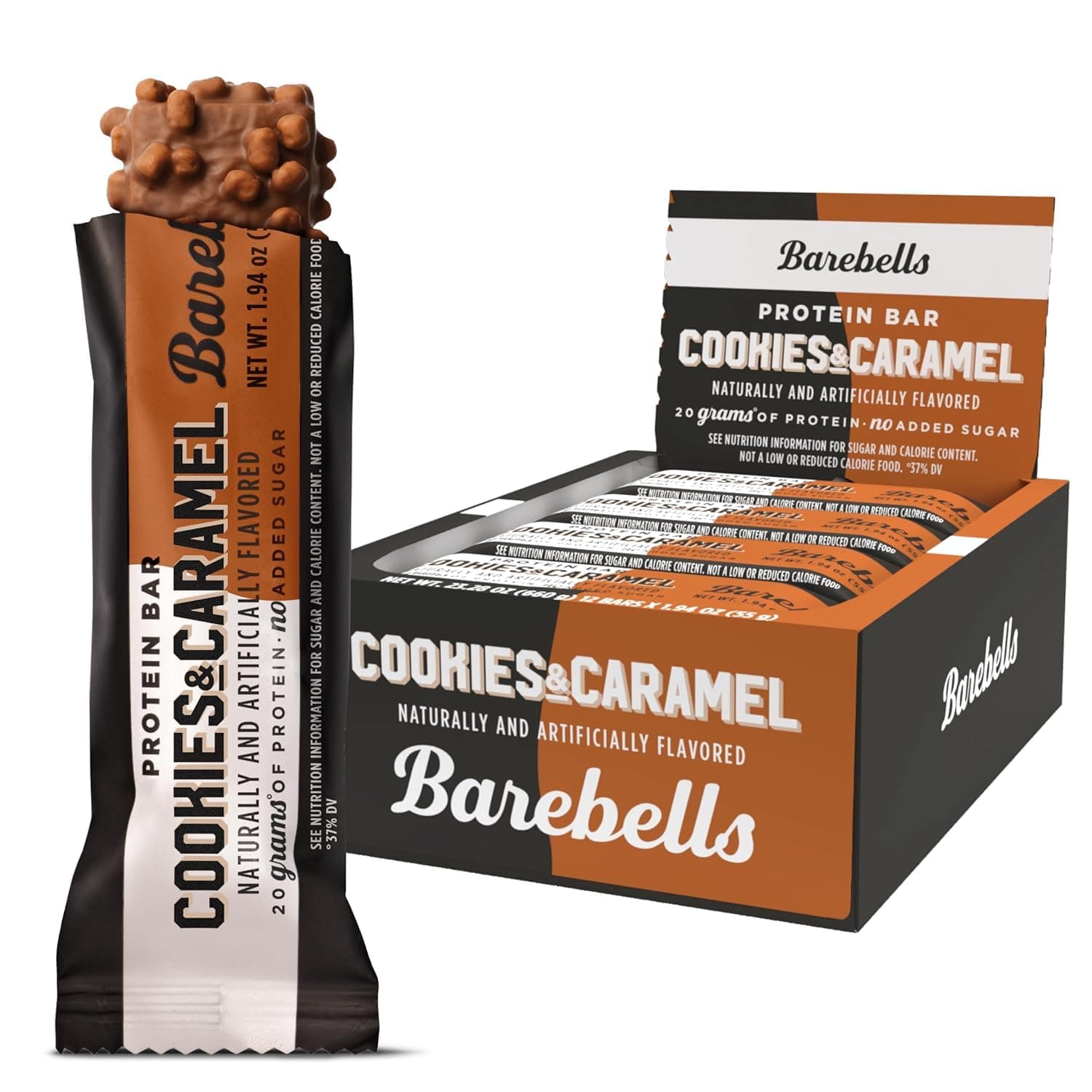 Barebells Protein Cookies and Caramel - 12 Count, 53.9 g Bars - Protein Snacks with 20 g High Protein Content - Chocolate Protein Bar with 1 g Total Sugar - Protein Snack & Breakfast Bar for