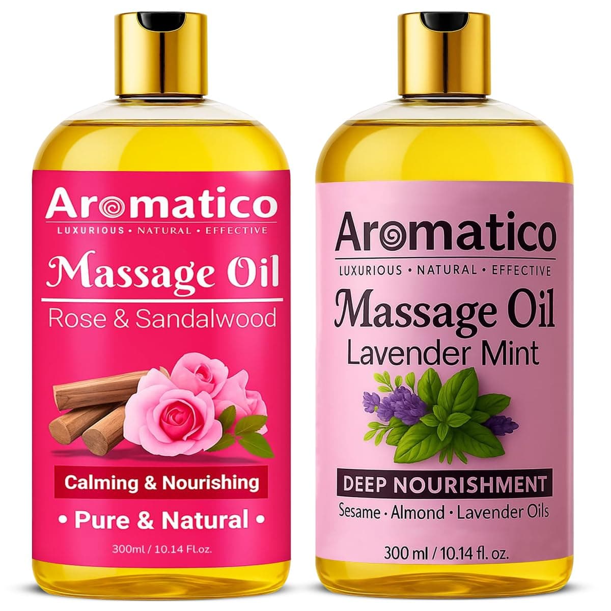 AROMATICO Rose Sandalwood & Lavender Mint Massage Oils Pack of 2. For Mood Upliftment, Soothing Aroma, Muscle Relaxation & Skin Nourishment, 100% Natural, Non-Sticky - 300ml