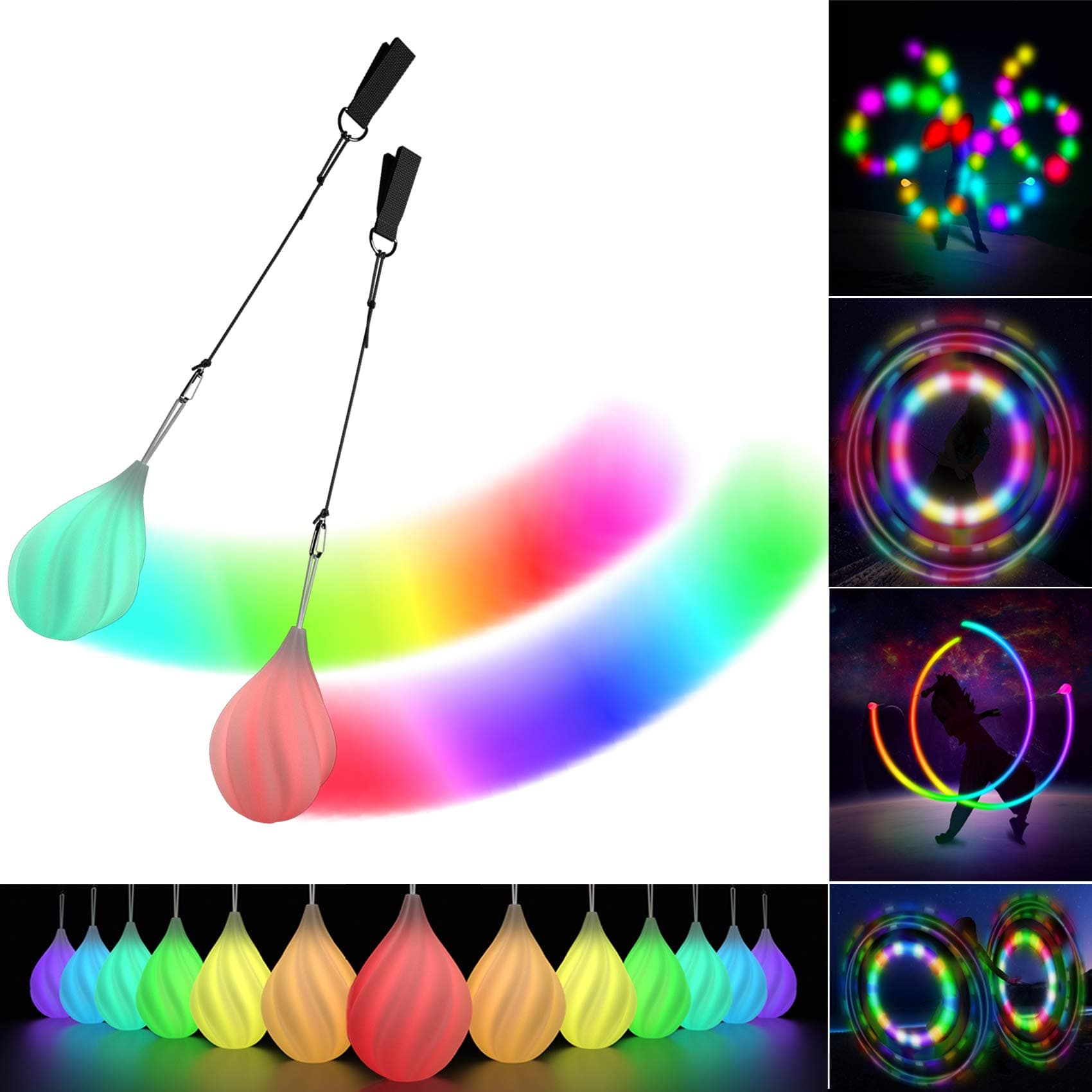 POITOI Led Poi Balls Glow Balls Soft Glow Poi Balls For Beginners & Professionals Rainbow Fade & High Strobe Spinning Led Glow Toy Light Up Balls 1X Pair Glow Poi Balls