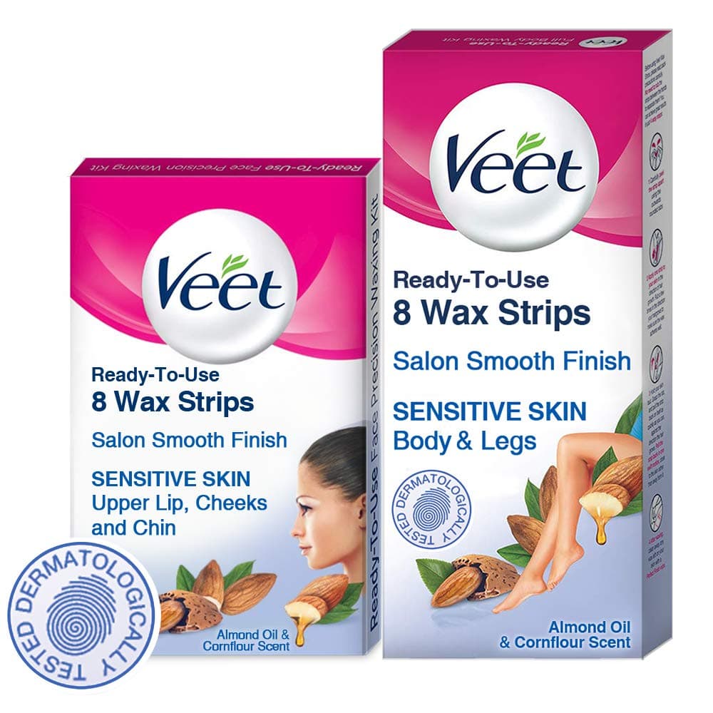 Veet Face and Body Waxing Kit for Sensitive Skin - 8 + 8 Strips