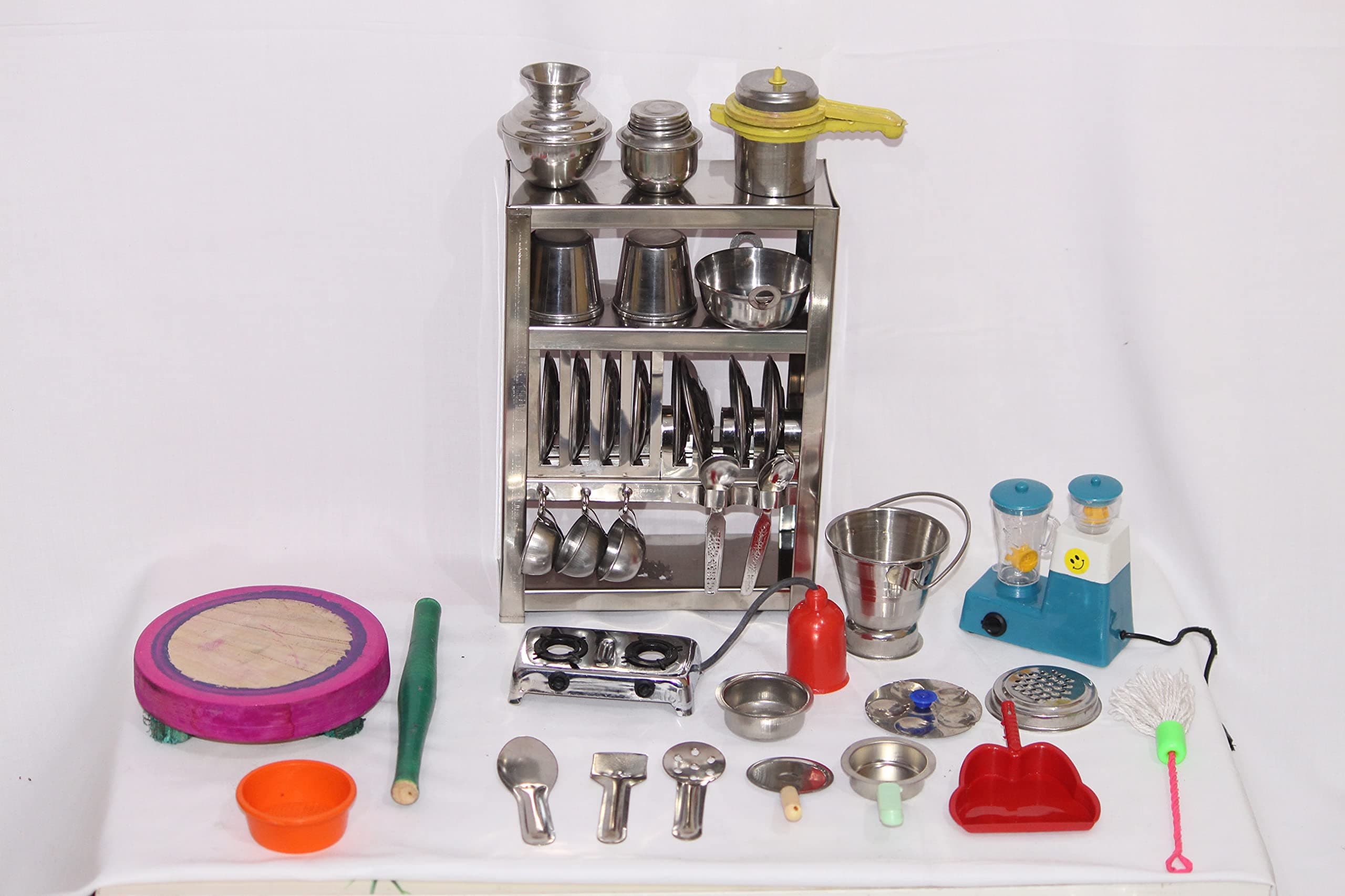 Mini Stainless Steel Utensils and Plastic Non Toxic Indian Kitchen Set (Classic 6)