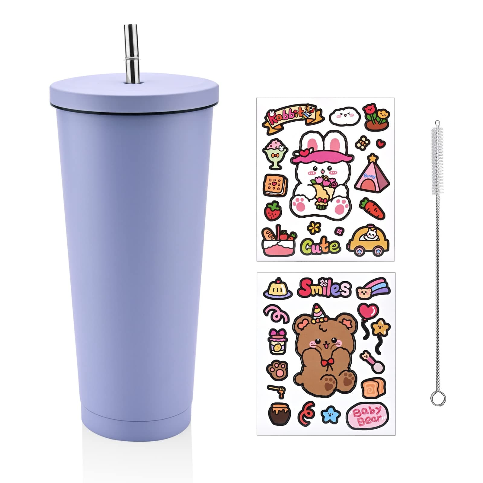 700ml Insulated Tumbler Cup with Straw and Lid Leakproof Stainless Steel Vacuum Insulated Tumbler Coffee Cup Double Wall Vacuum Thermal Travel Mug with Cleaning Brush for Ice Hot Drinks (Purple)