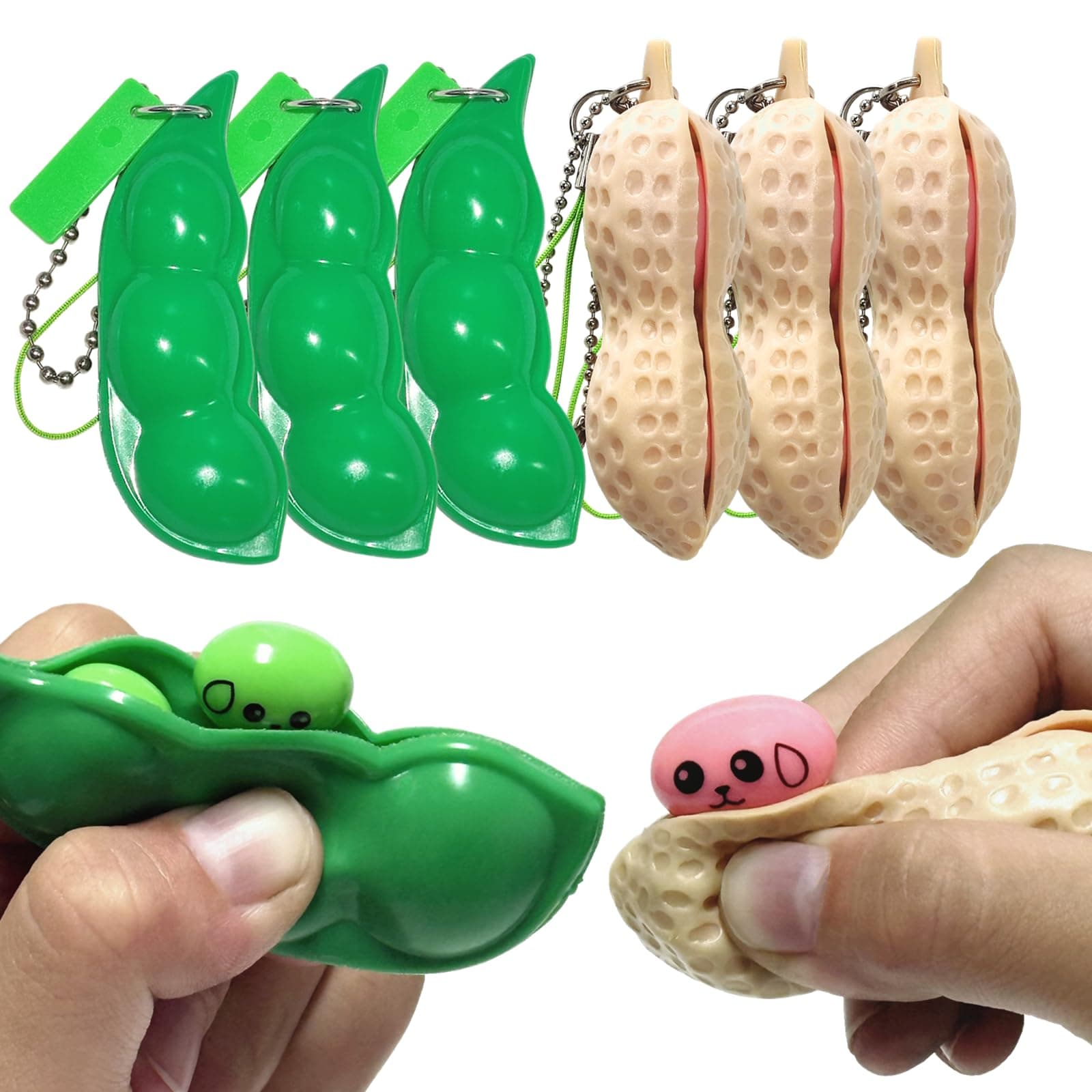 6PCS Squeeze Bean Keychain Fidget Toys Pack for Both Children and Adult (3pcs Pea & 3pcs Peanut)