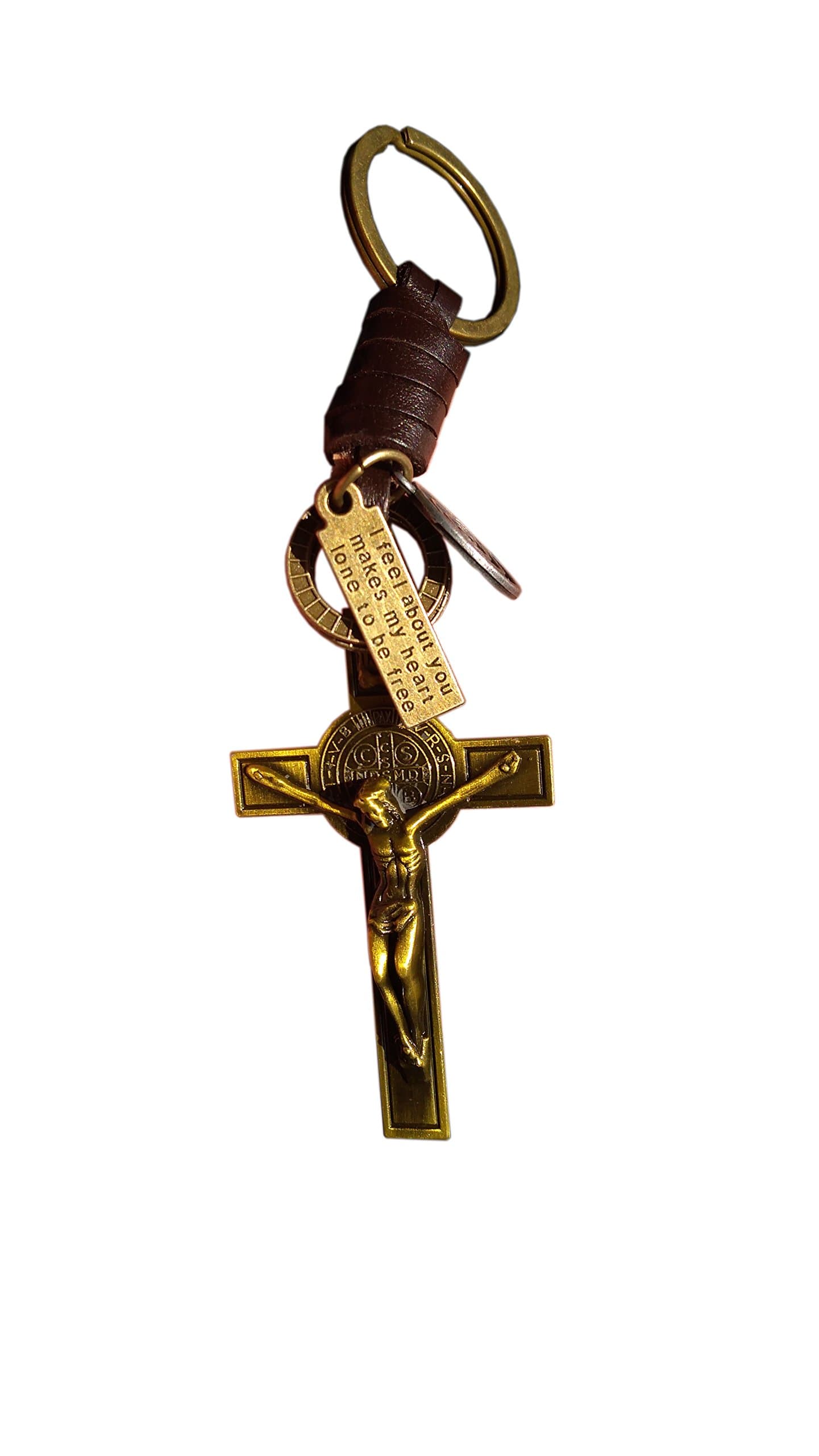 AtlantisForYou Crucifix Jesus Keyring Holy Cross Key Ring Gold Two Tone Genuine Leather Religious Catholic Gift Religious Bible Lords Prayer Men