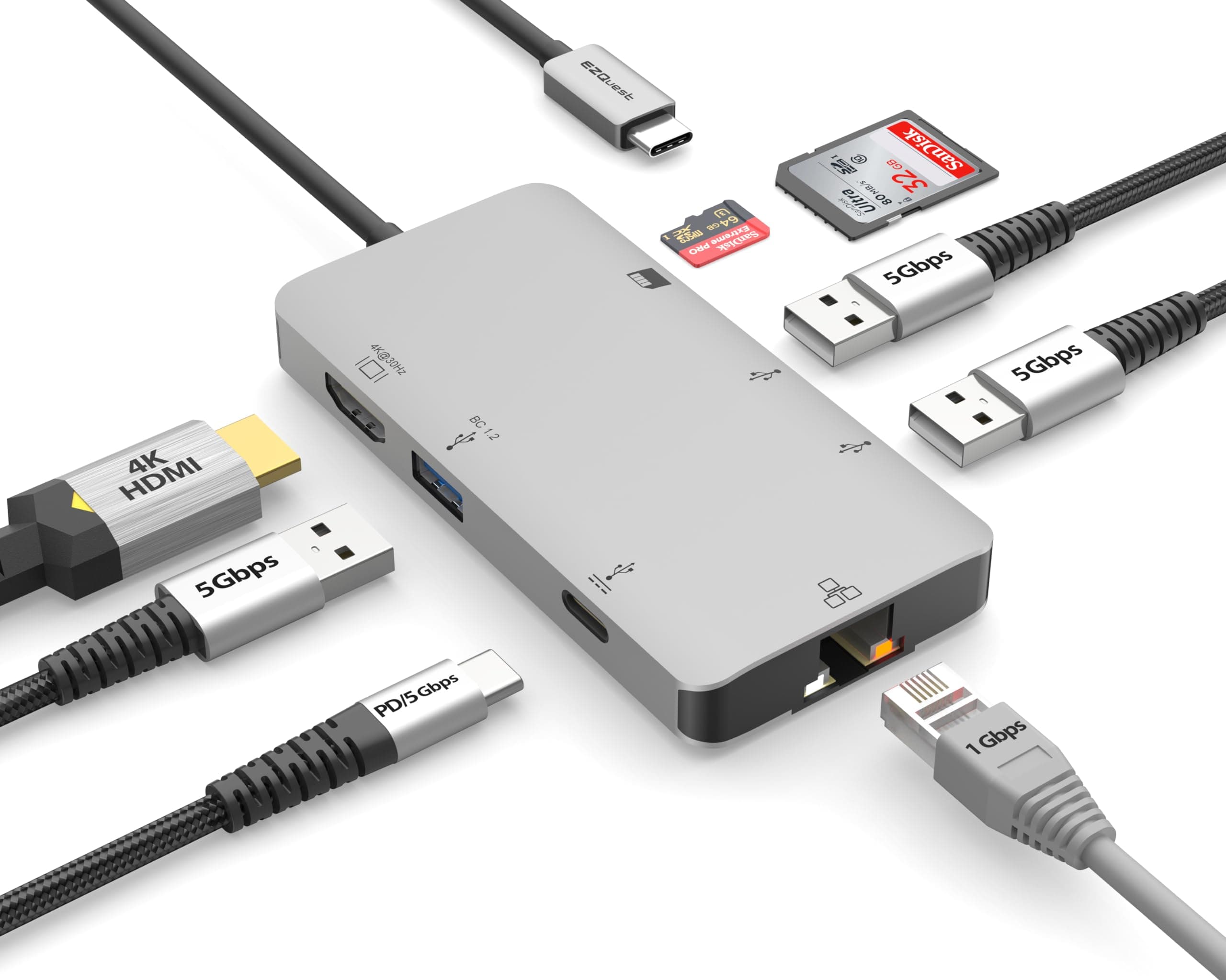 - EZQuest USB C Hub Docking Station 8 in 1 with 4K HDMI, 1 Gbit Ethernet, 3 USB A 3.0 Ports, 1 USB-C PD/Data, SD/Micro SD for Work and Travel, Compatible with MacBook/Dell/HP/Lenovo/Laptops