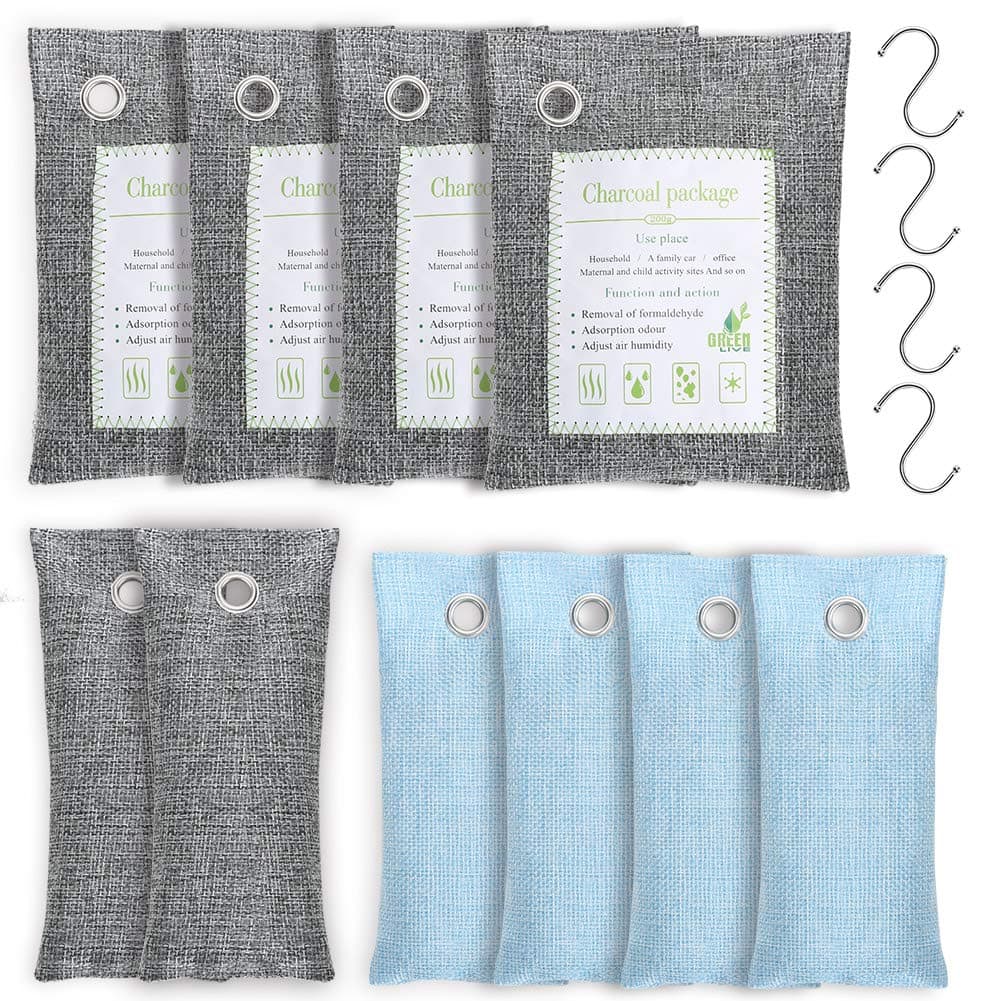 Bamboo Charcoal Air Purifying Bag 10 Pack(4x200g, 2x75g, 4x50g) with 4 Hooks, Natural Air Purifying Bag, Activated Charcoal Odor Eliminators, Odor Eliminating Charcoal Bags by 1Easylife
