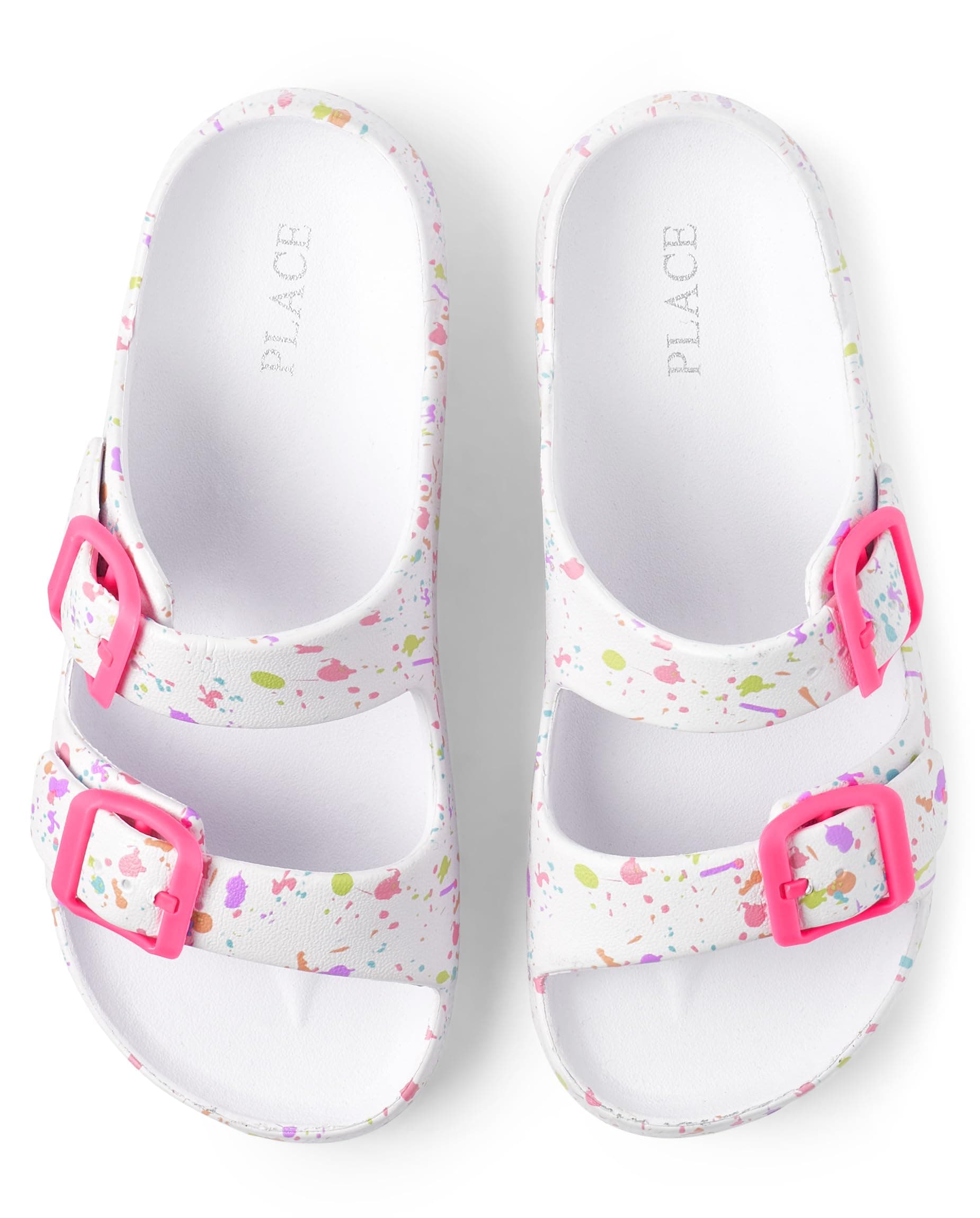 Girls Double Buckle Slip On Slide Sandals, White Paint Splatter
