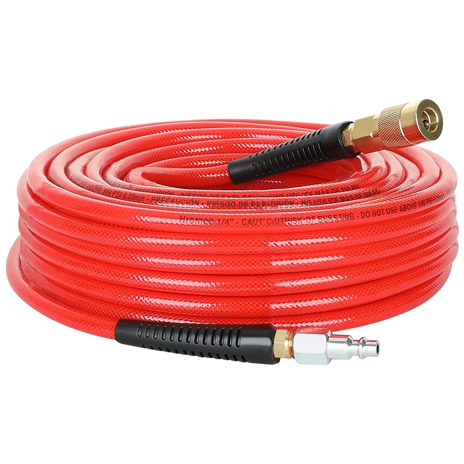 Hromee 1/4-Inch x 50 Feet Polyurethane Air Hose with Bend Restrictors PU Compressor Hose with 1/4" Industrial Quick Coupler and Plug Kit, Red