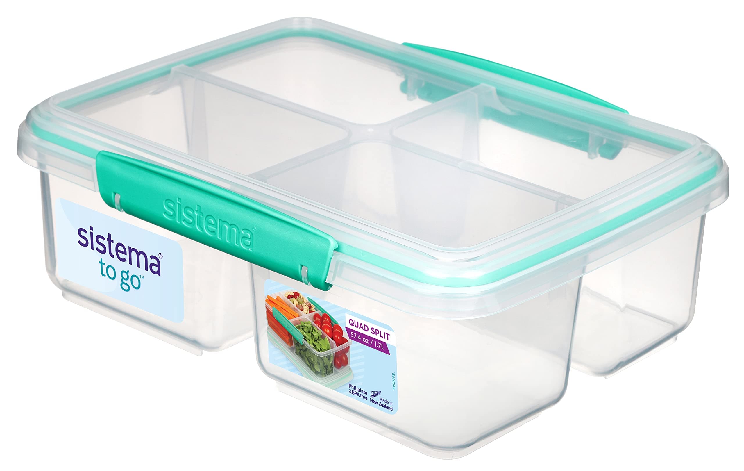 Sistema To Go Quad Split Food Storage Container, Clear with Coloured Clips, 1.7 L