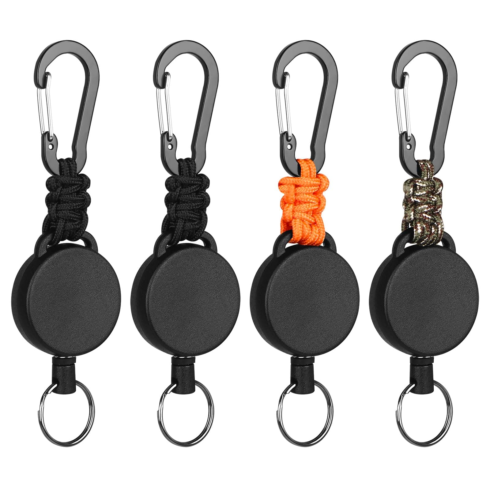 Retractable Keychain Heavy Duty Carabiner Badge Holder Retractable Badge Reel ID Holder Steel Cord and Paracord Extendable Key Ring 4 Pack