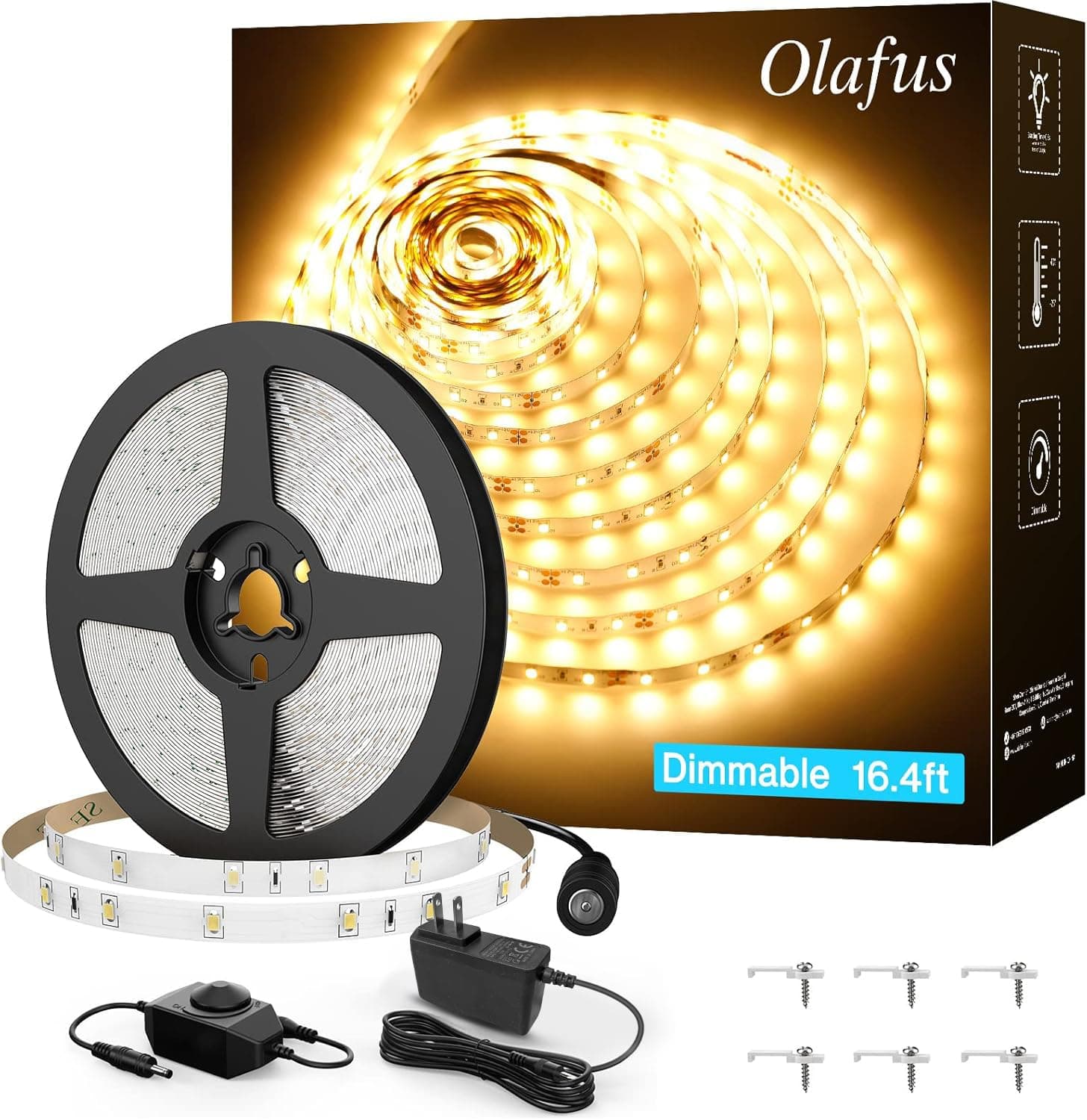 Olafus 16.4ft LED Strip Lights Warm White Dimmable, LED Rope Light Kit 12V Flexible Under Cabinet Lighting Strips, 5m 300 LEDs 2835, 3000K Bright Led Lights for Bedroom, UL Listed Plug
