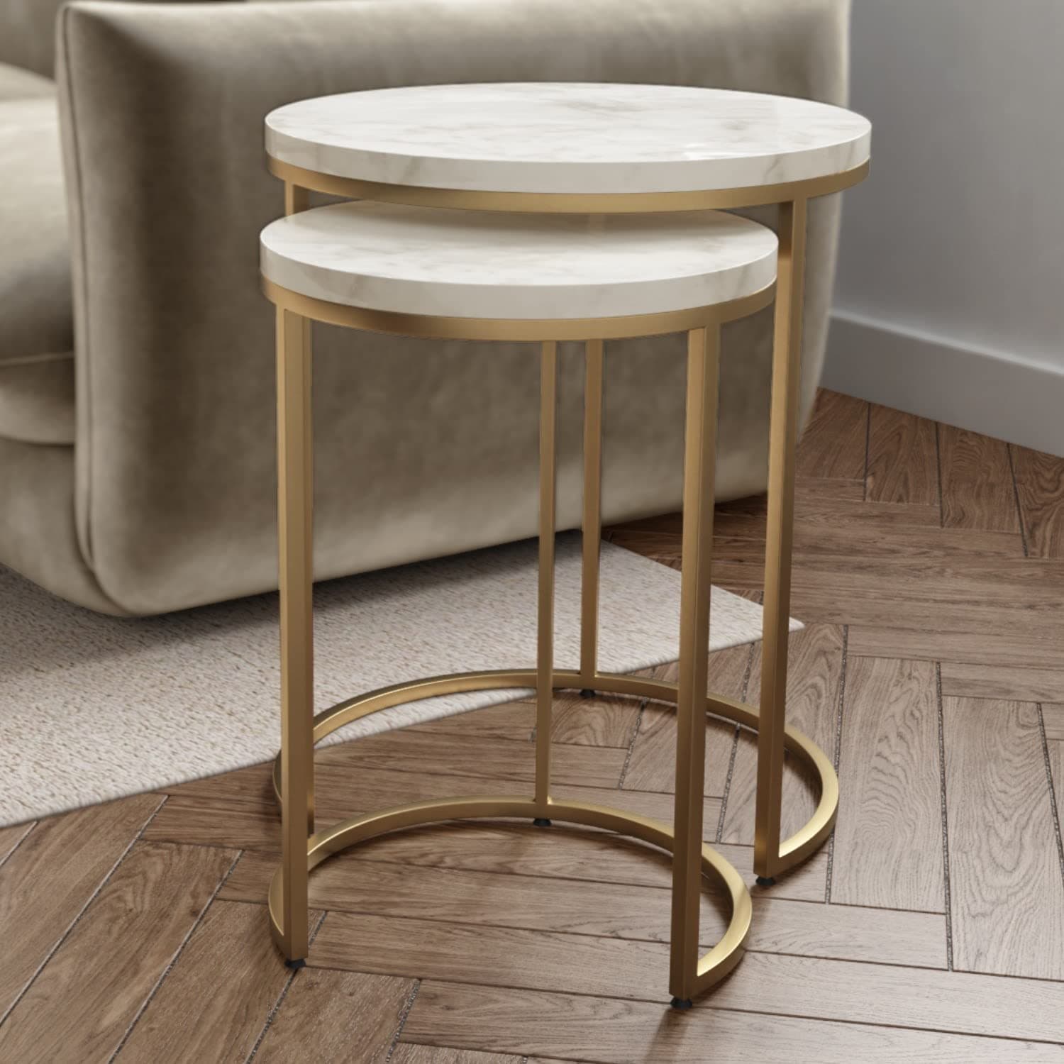 MARTINA Nest of 2 Tables in White Marble & Gold
