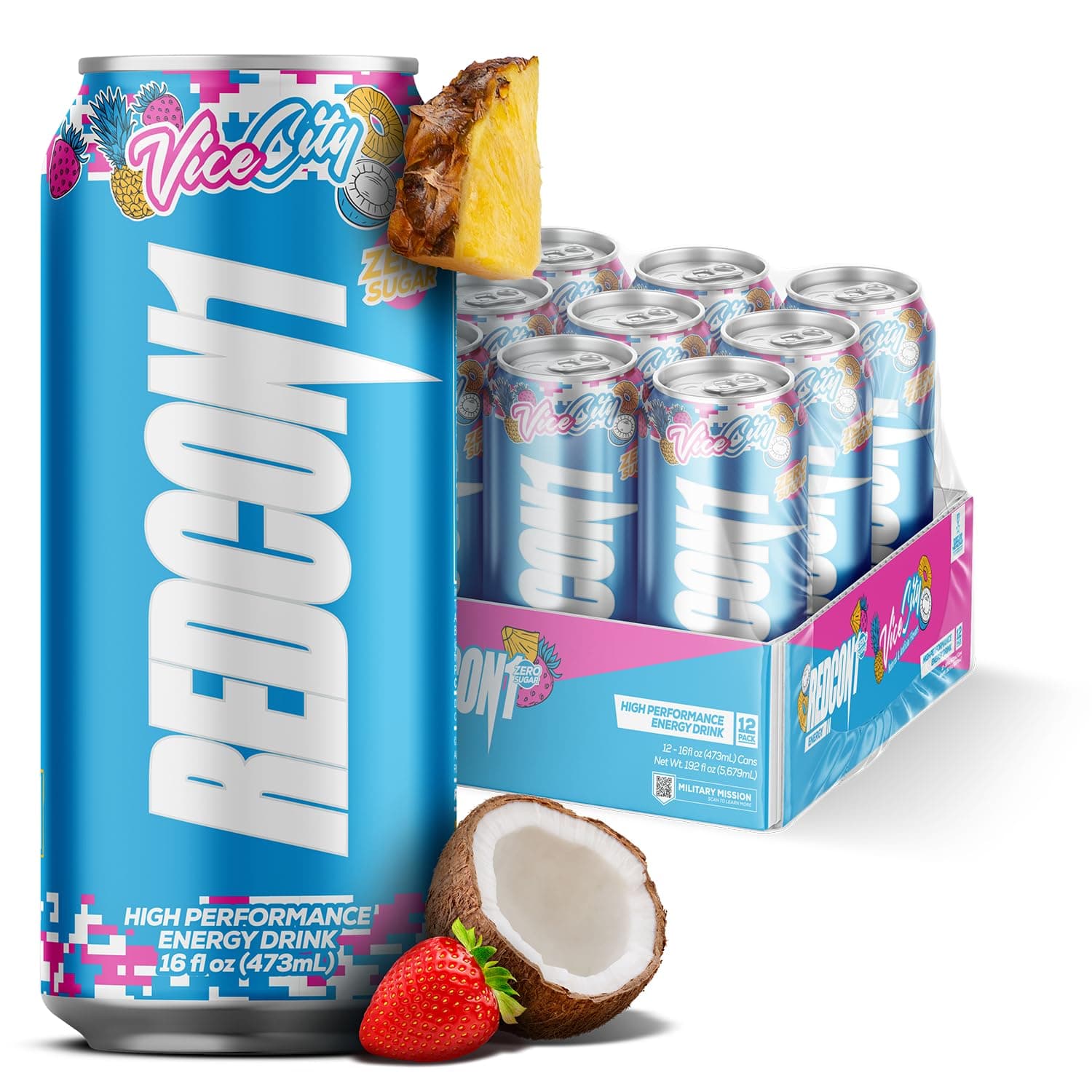 REDCON1 Energy High Performance Drink, Vice City - Zero Sugar Energy Drink with Alpha GPC Nootropic - 200mg of Natural Caffeine from Green Coffee Beans - Vitamin B6, B12 & B5 to Boost Mood (12 ct)