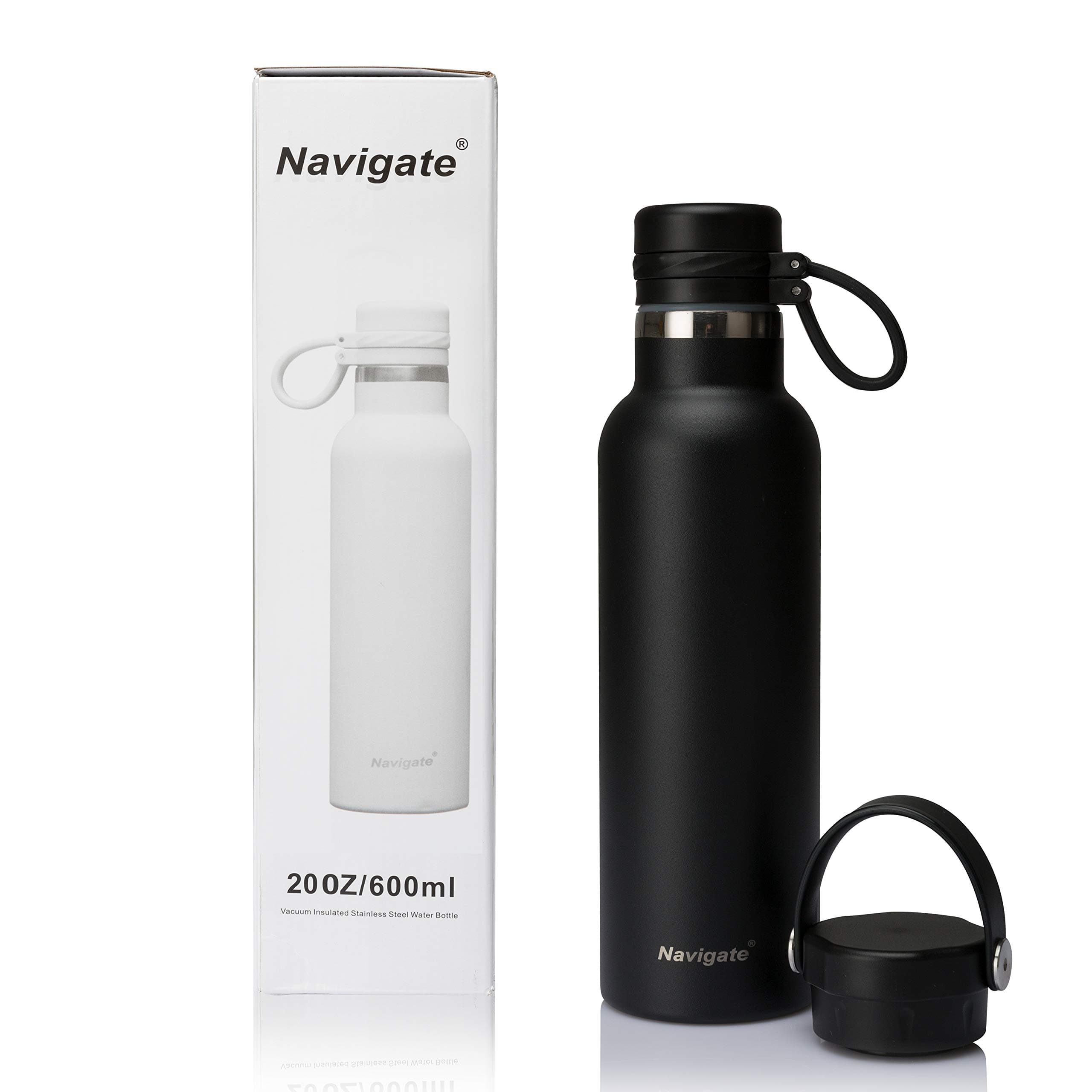 20 oz Sports Water Bottle with 2 Lids, Standard Mouth, Handle & Spout Lids, Premium Stainless Steel Double Walled Vacuum Insulated Water Flask Travel Sports Metal Mug,