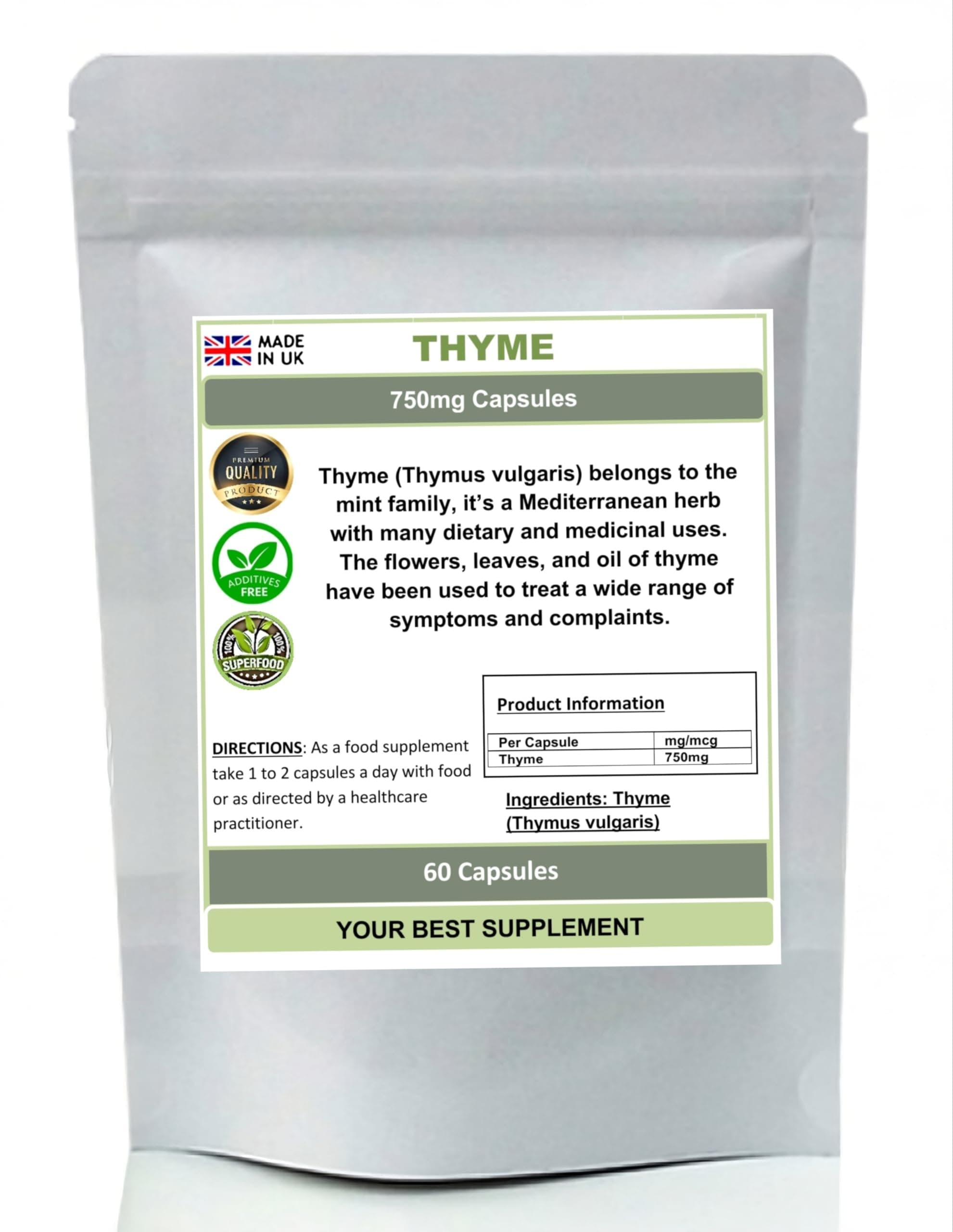 Thyme Capsules 750mg Thymus vulgaris 100% Natural (No fillers) (60)